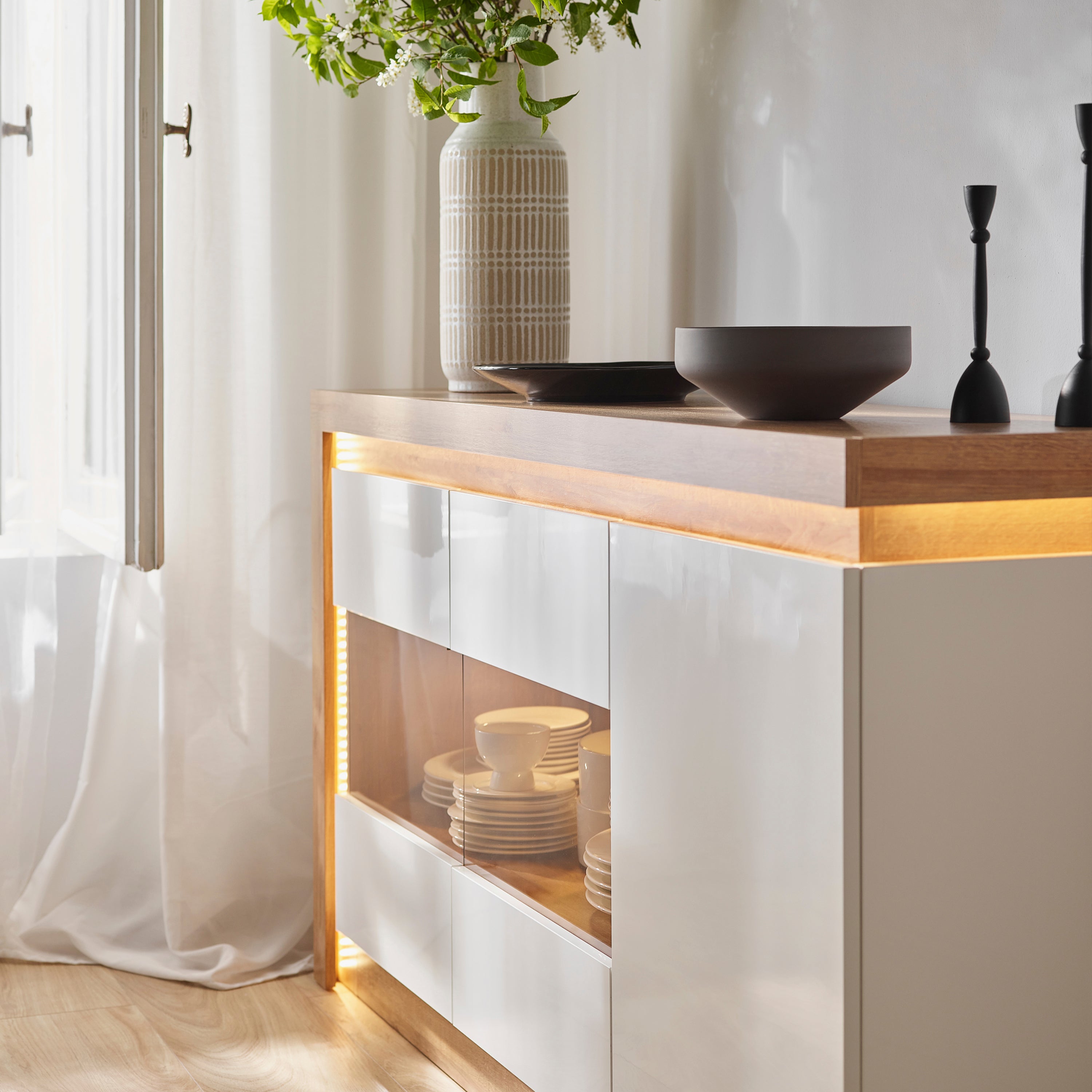 Lyon 3 Door Glazed Sideboard in Riviera Oak/White High Gloss