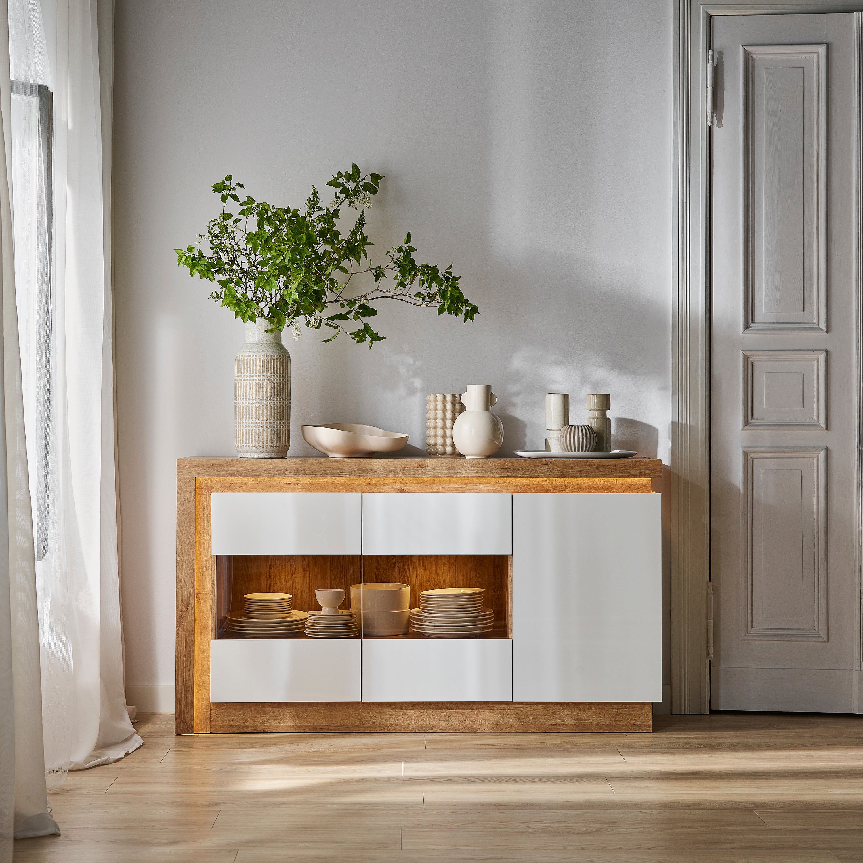 Lyon 3 Door Glazed Sideboard in Riviera Oak/White High Gloss