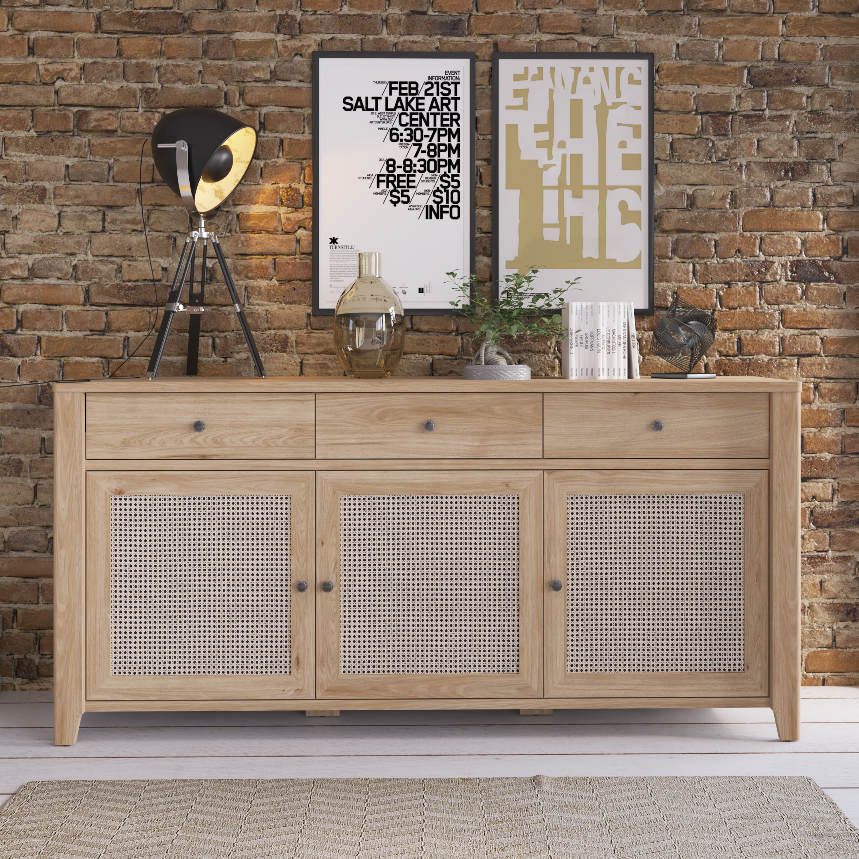 Cestino 3 Door 3 Drawer Sideboard in Jackson Hickory Oak and Rattan Effect