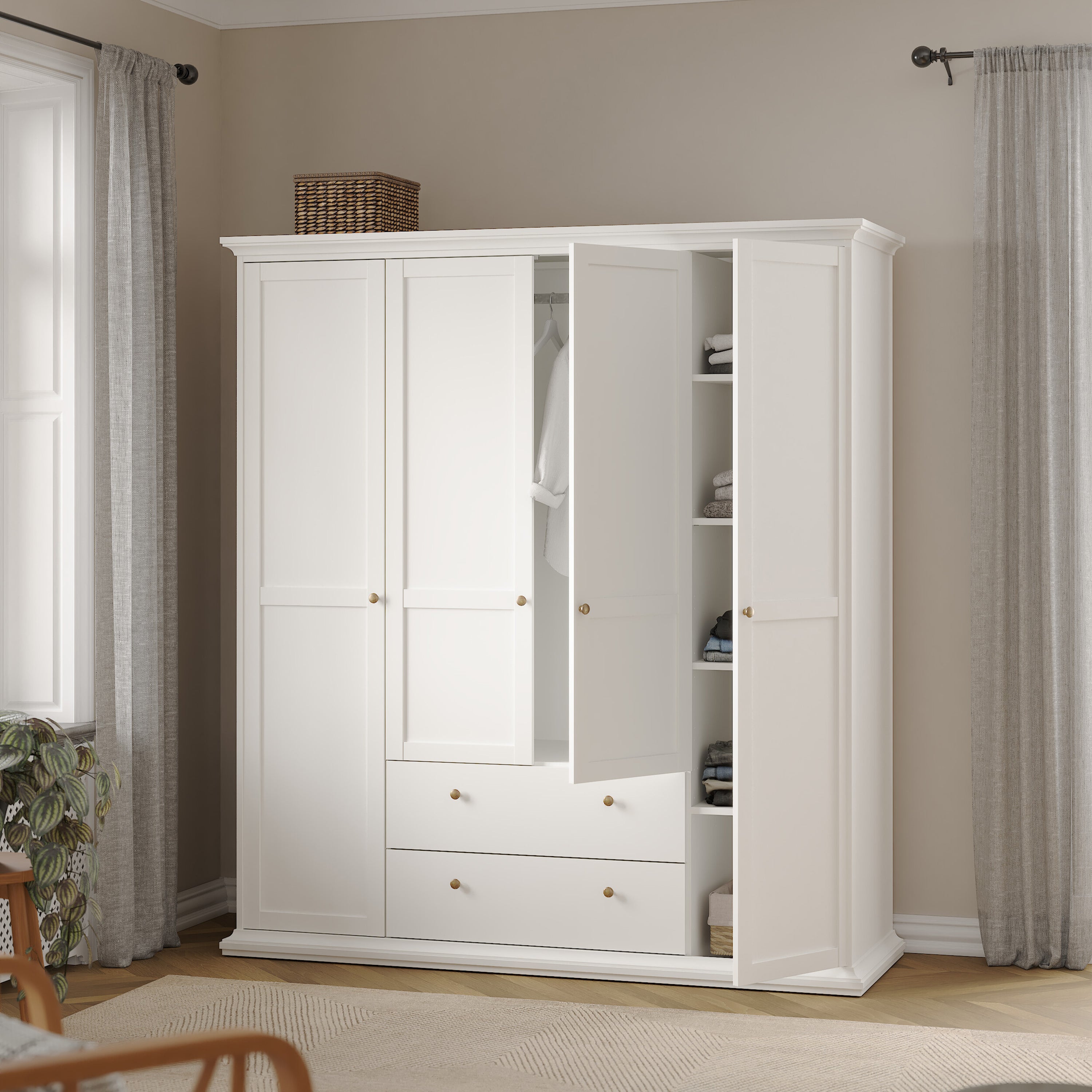 Paris Wardrobe with 4 Doors and 2 Drawers in White