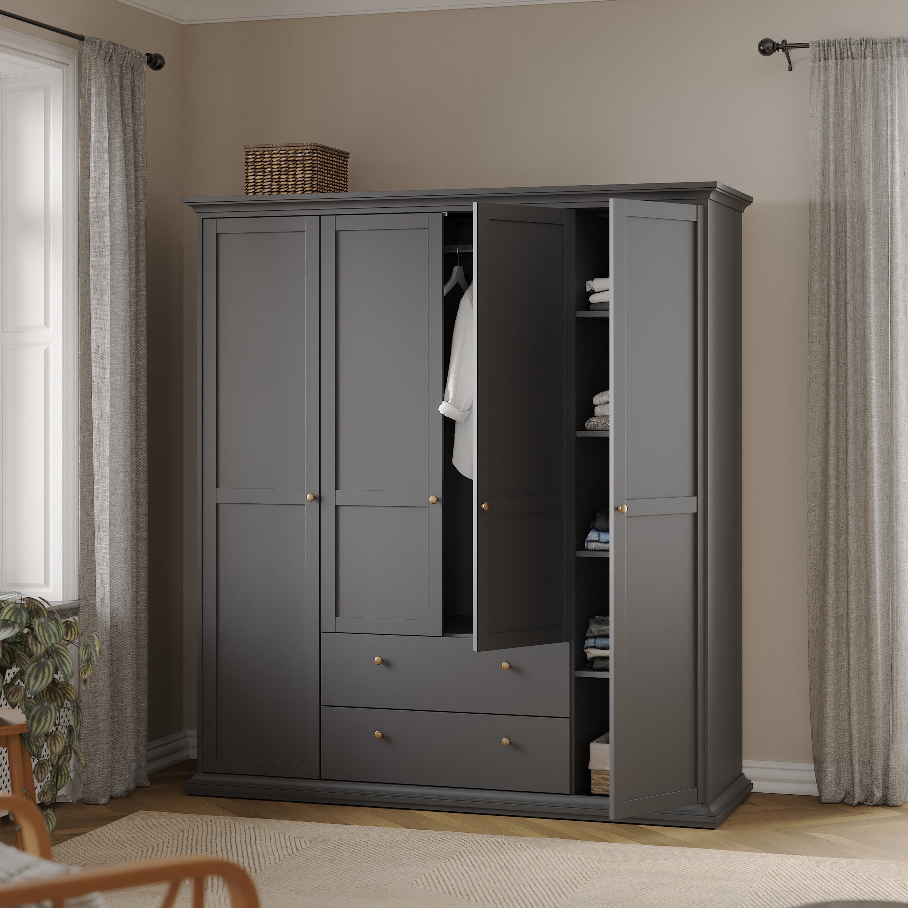 Paris Wardrobe with 4 Doors and 2 Drawers in Matt Grey