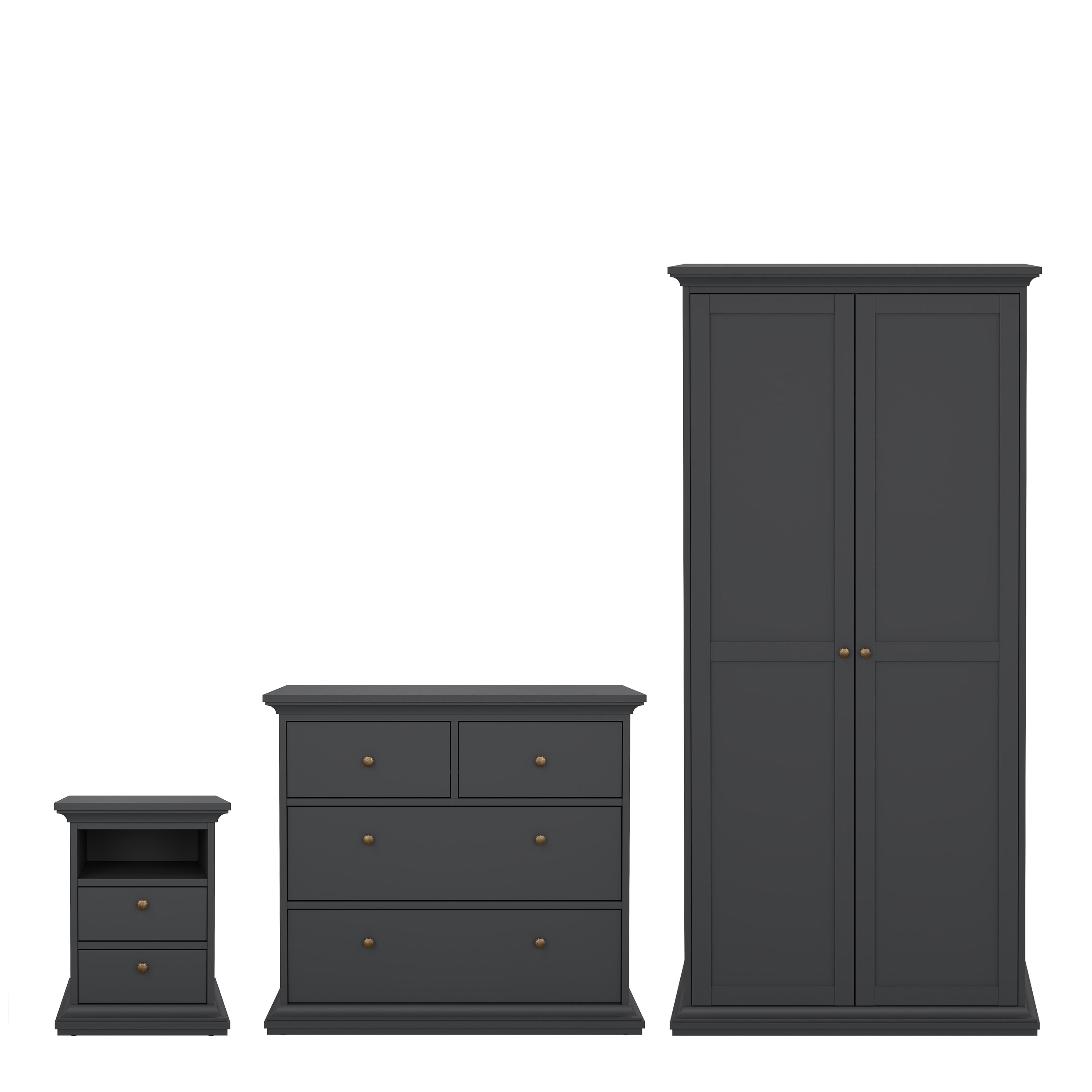 Paris Package - Bedside 2 Drawers + Chest of 4 Drawers + Wardrobe with 2 Doors Matt Grey