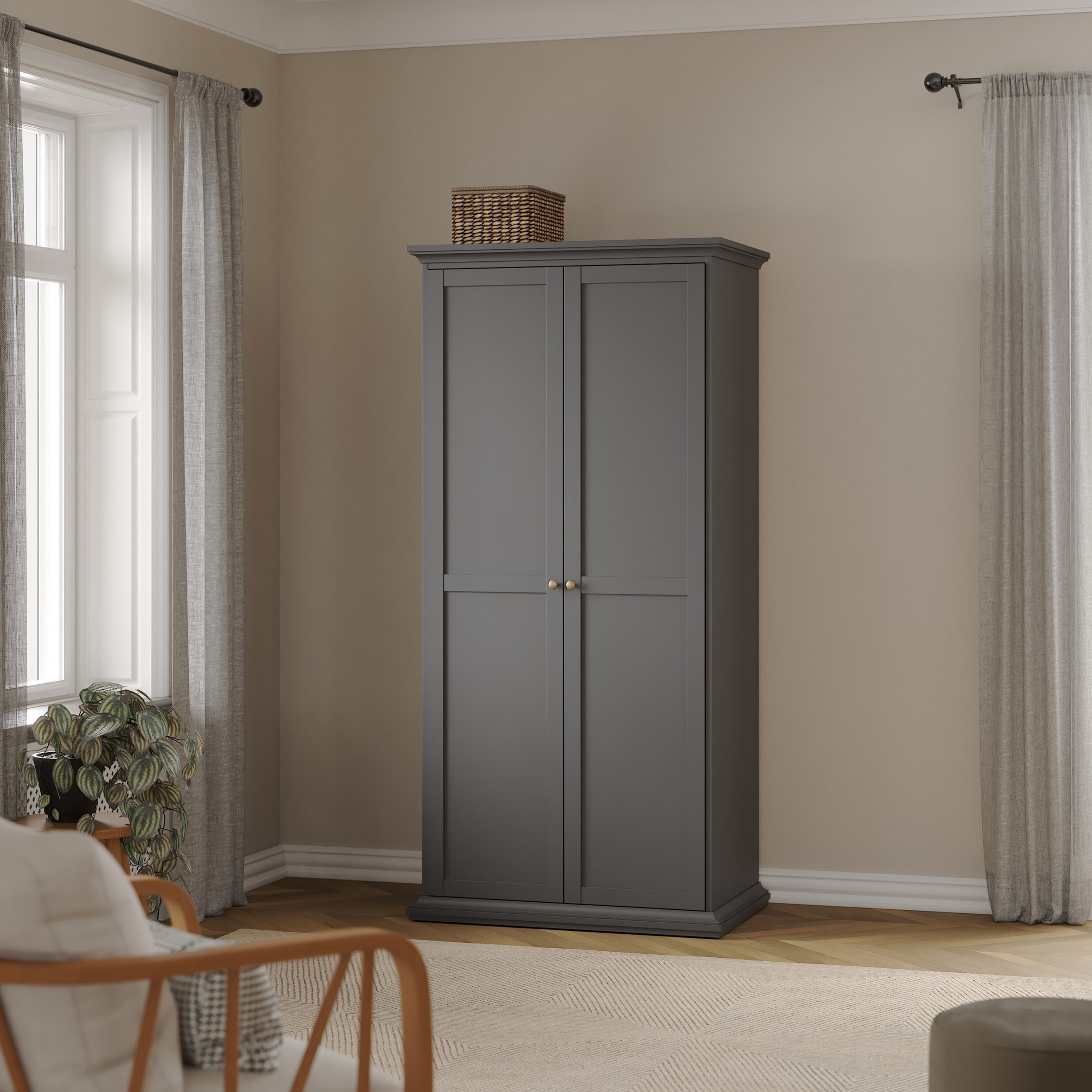 Paris Package - Bedside 2 Drawers + Chest of 4 Drawers + Wardrobe with 2 Doors Matt Grey