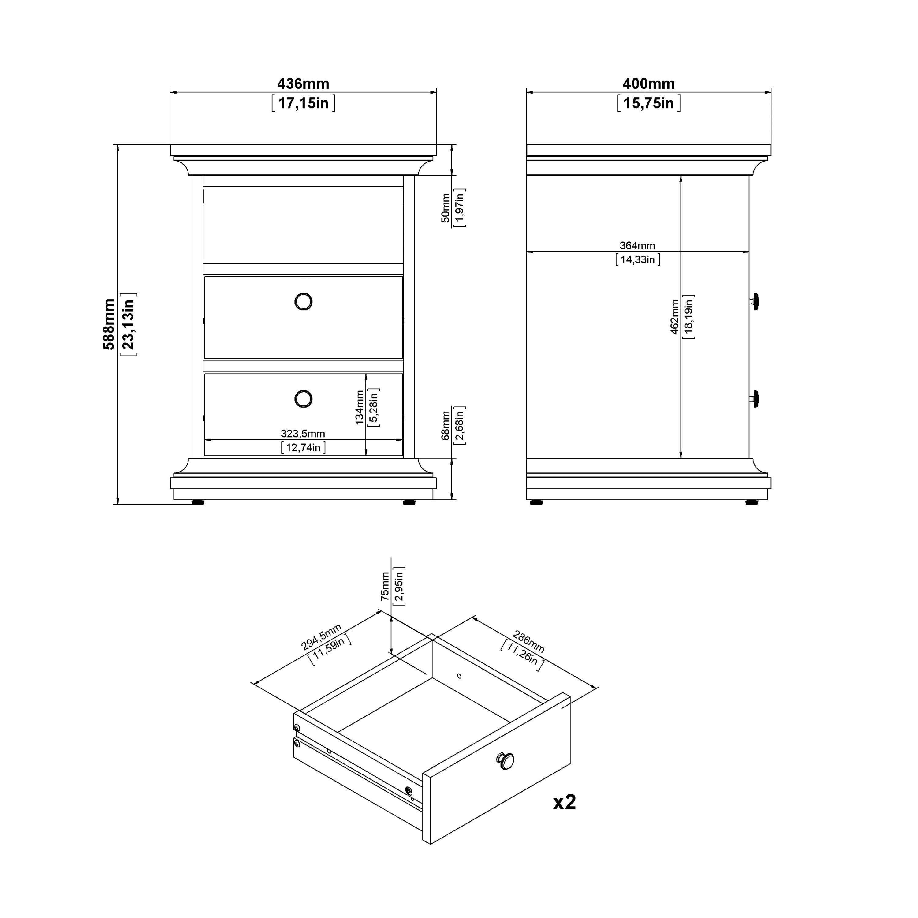 Paris Package - Bedside 2 Drawers + Chest of 4 Drawers + Wardrobe with 2 Doors Matt Grey
