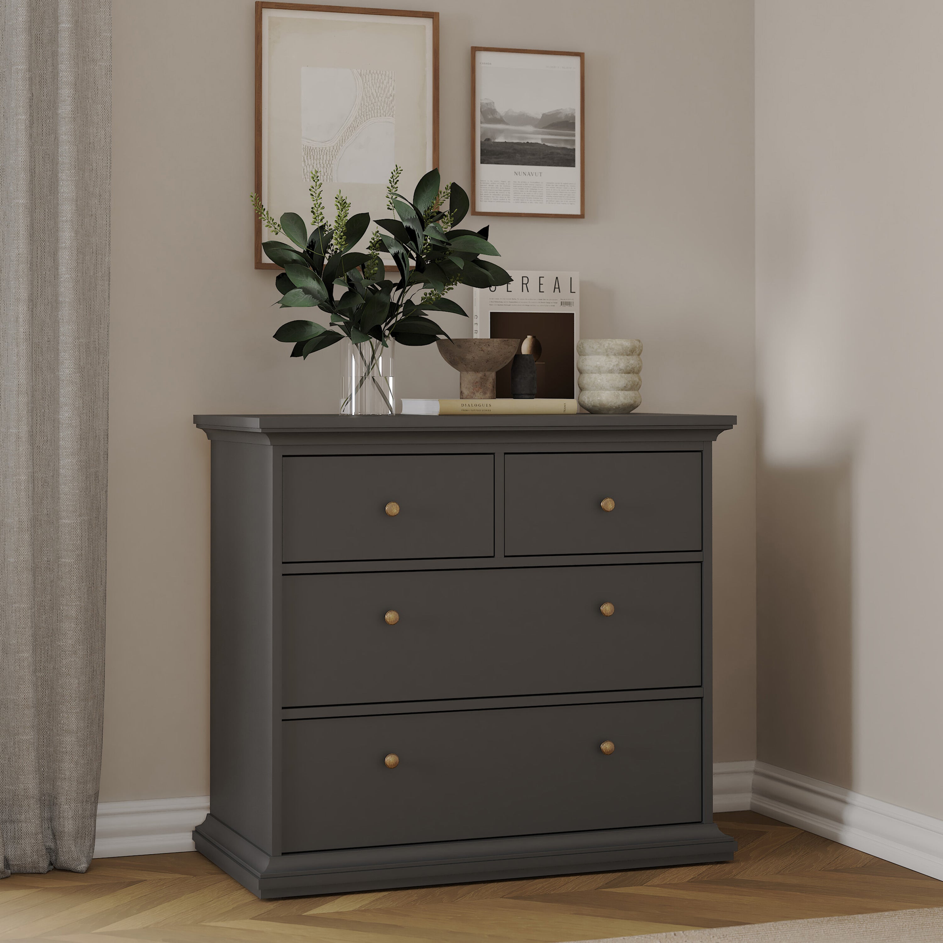 Paris Package - Bedside 2 Drawers + Chest of 4 Drawers + Wardrobe with 2 Doors Matt Grey