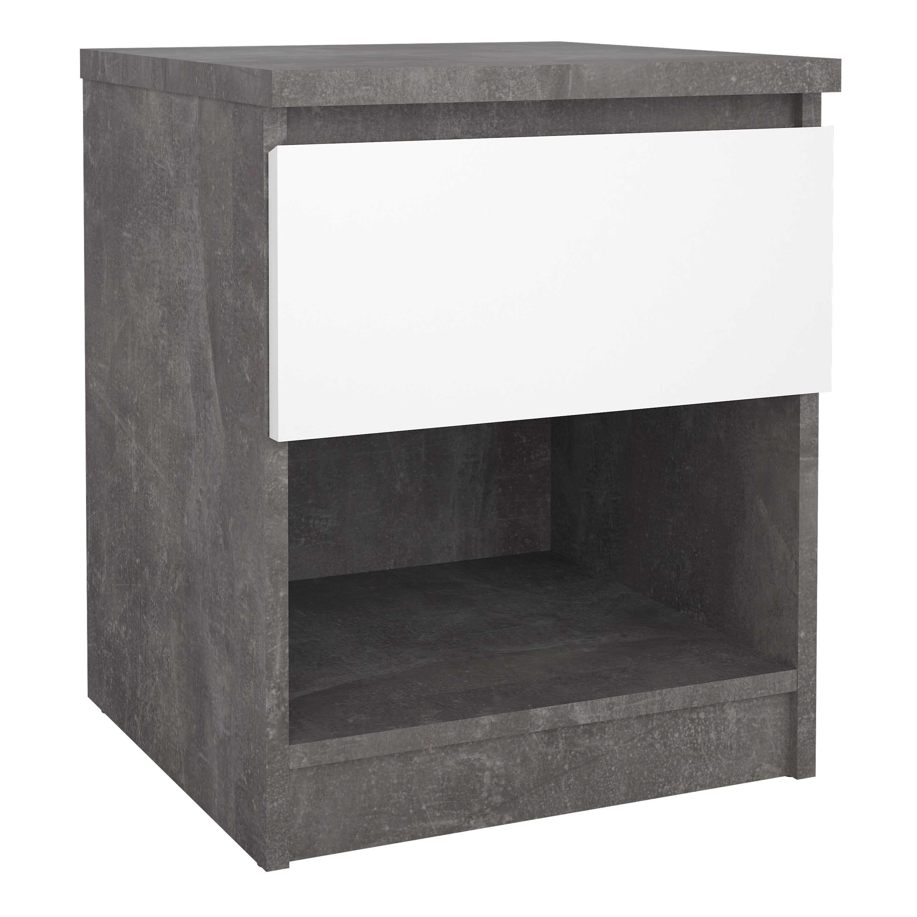 Naia Bedside 1 Drawer 1 Shelf in Concrete and White High Gloss