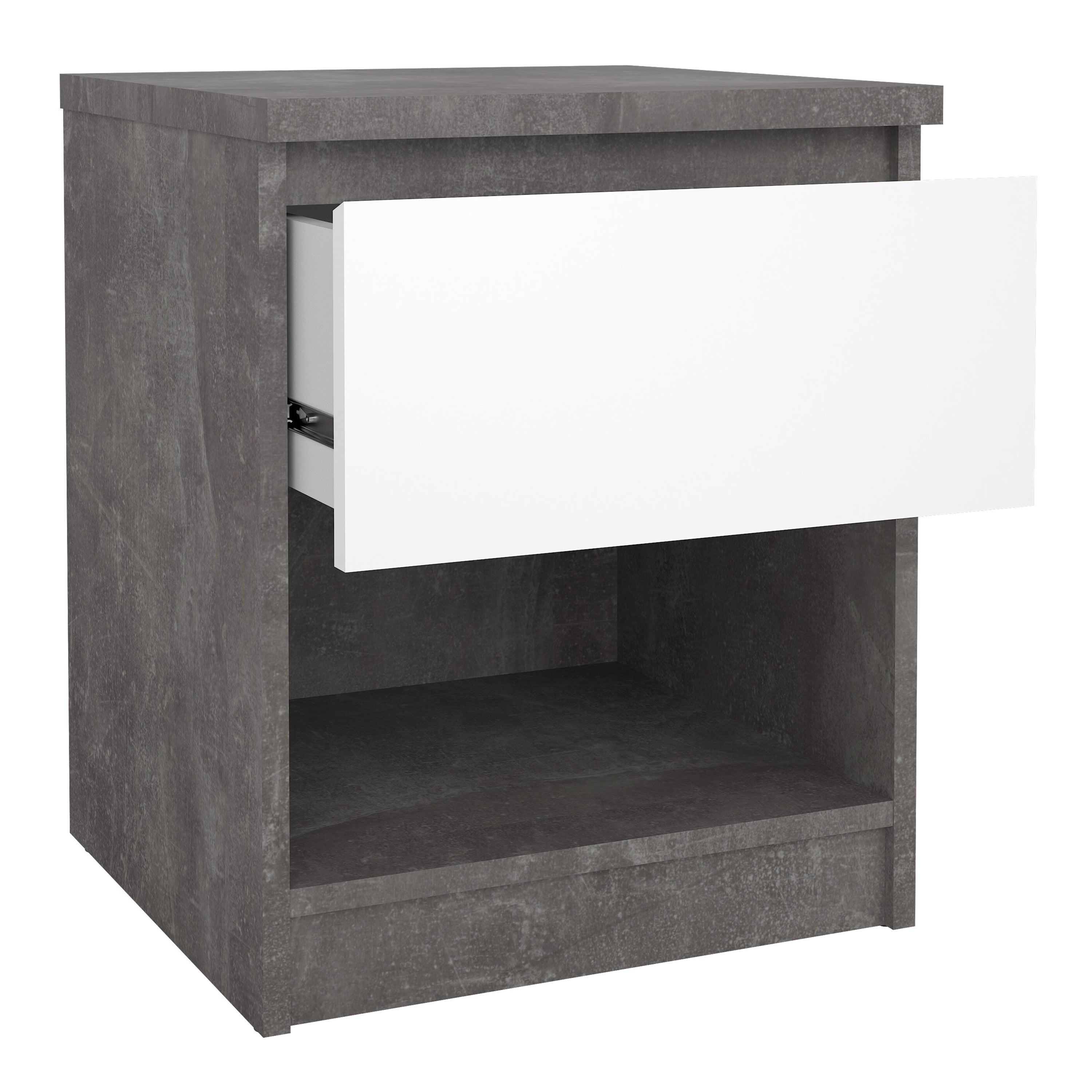 Naia Bedside 1 Drawer 1 Shelf in Concrete and White High Gloss