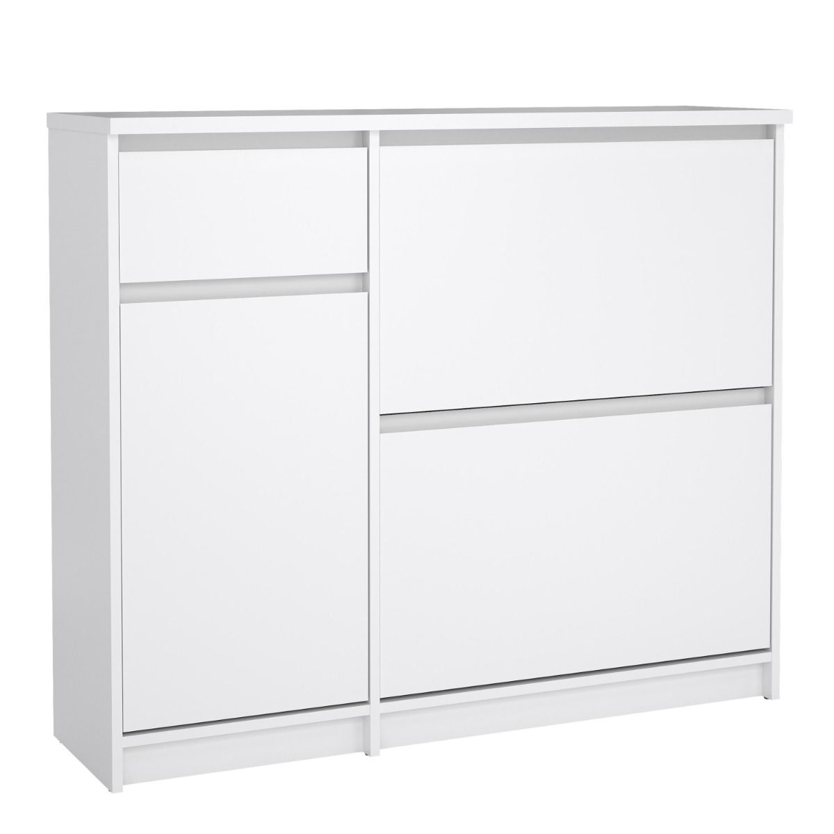Naia Shoe Cabinet with 2 Flip Down Doors 1 Door and 1 Drawer in White High Gloss