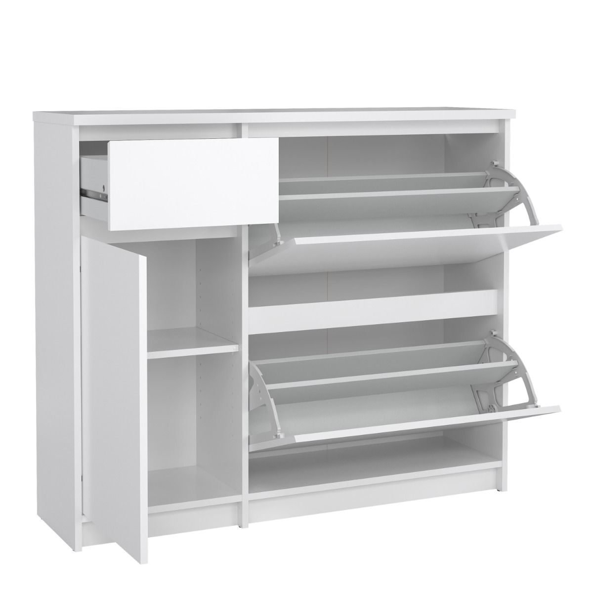Naia Shoe Cabinet with 2 Flip Down Doors 1 Door and 1 Drawer in White High Gloss