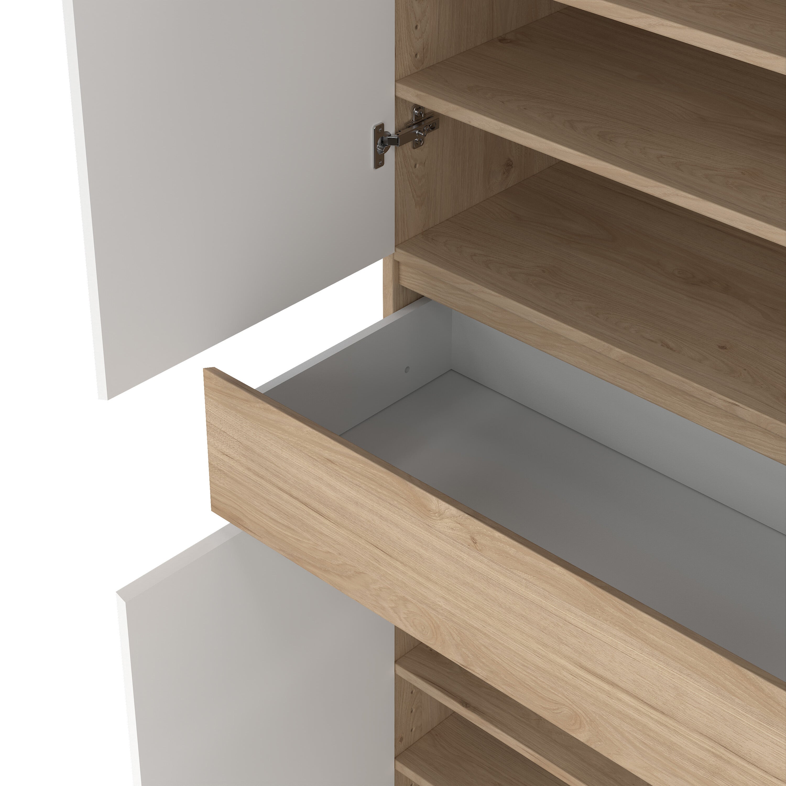 Naia Shoe Cabinet with 4 Doors 1 Drawer in Jackson Hickory Oak and White