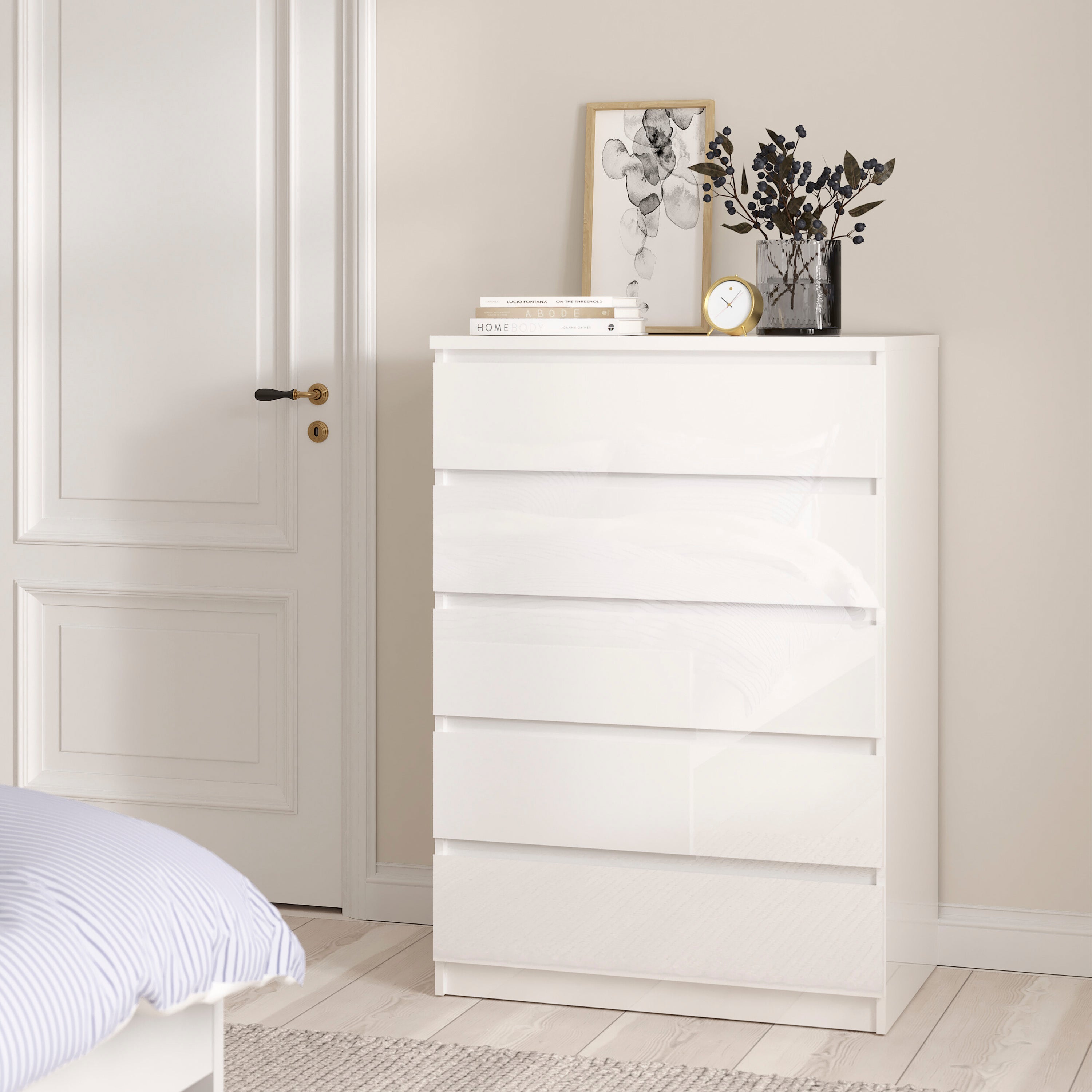 Naia Package - Bedside 3 Drawers + Chest of 5 Drawers + Wardrobe with 2 Doors + 1 Drawer in White High Gloss