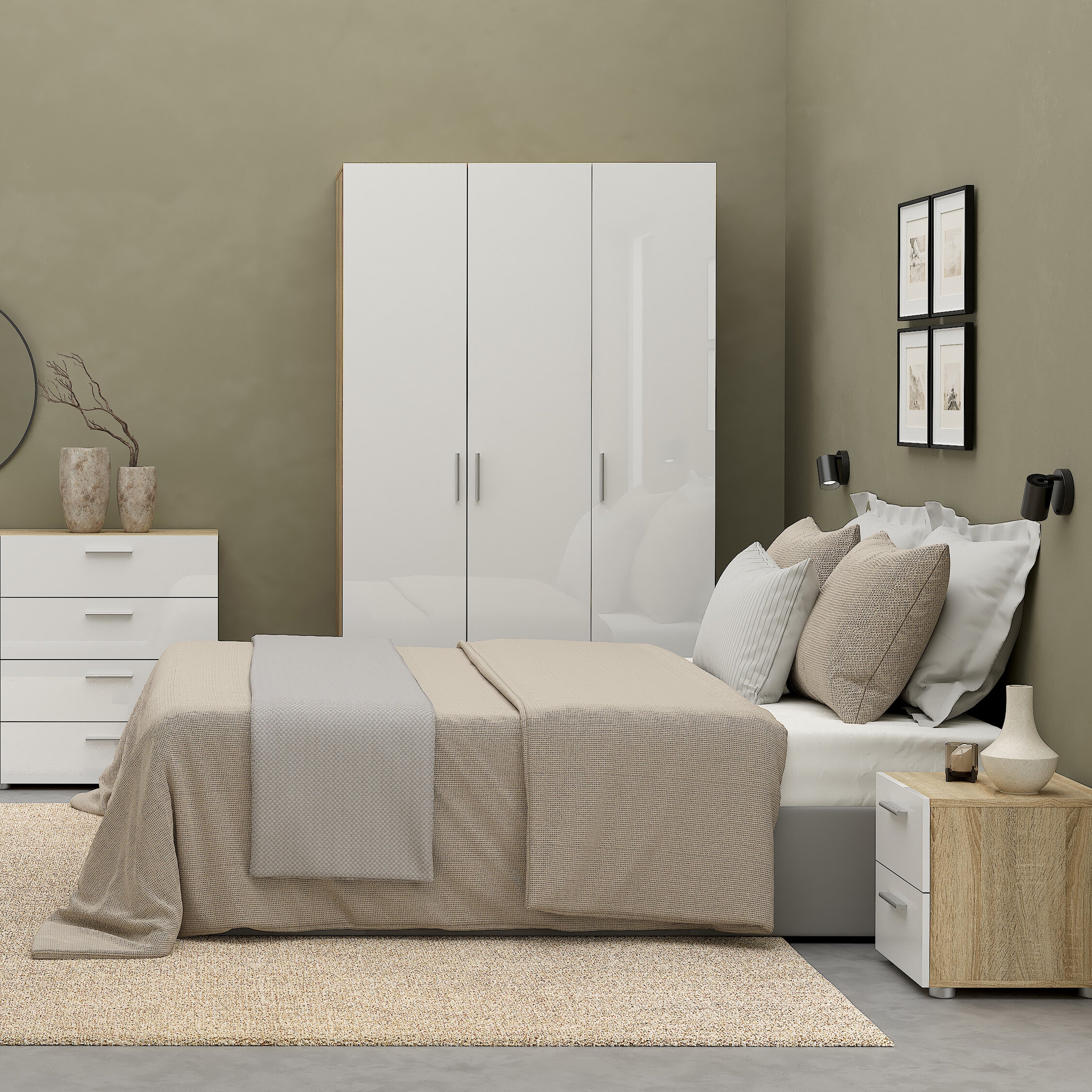 Pepe Bedside 2 Drawers in Oak with White High Gloss