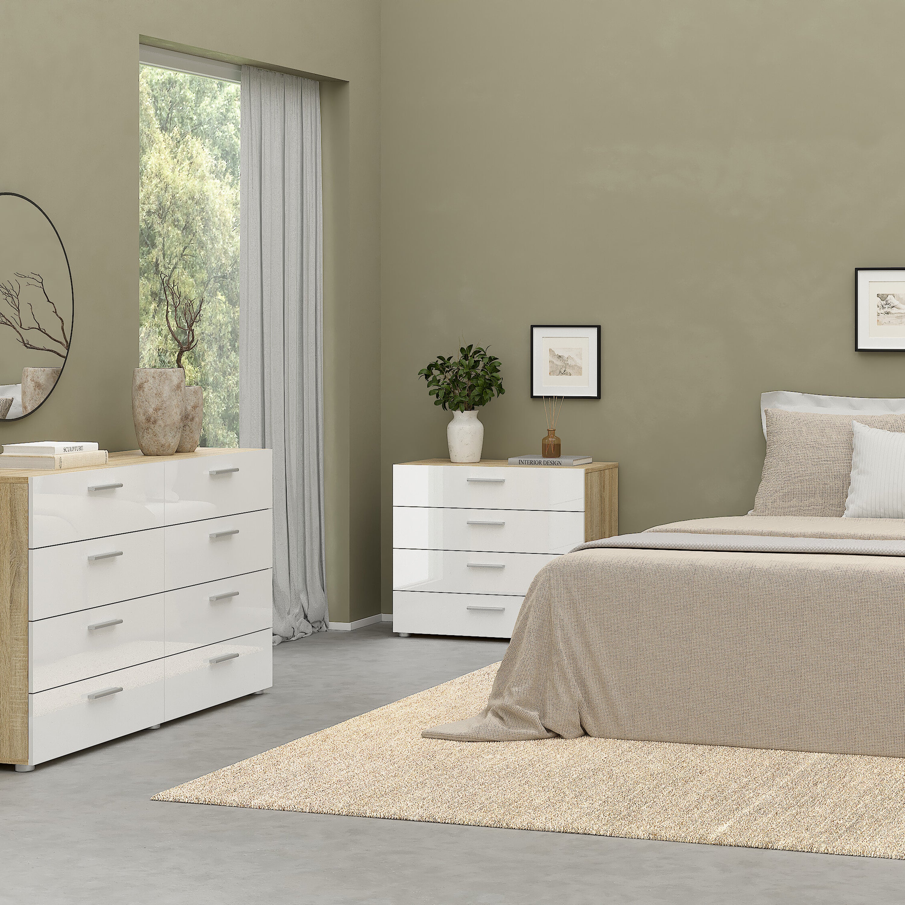 Pepe Package - Bedside 2 Drawers + Chest of 4 Drawers + Wardrobe with 2 Doors in Oak with White High Gloss