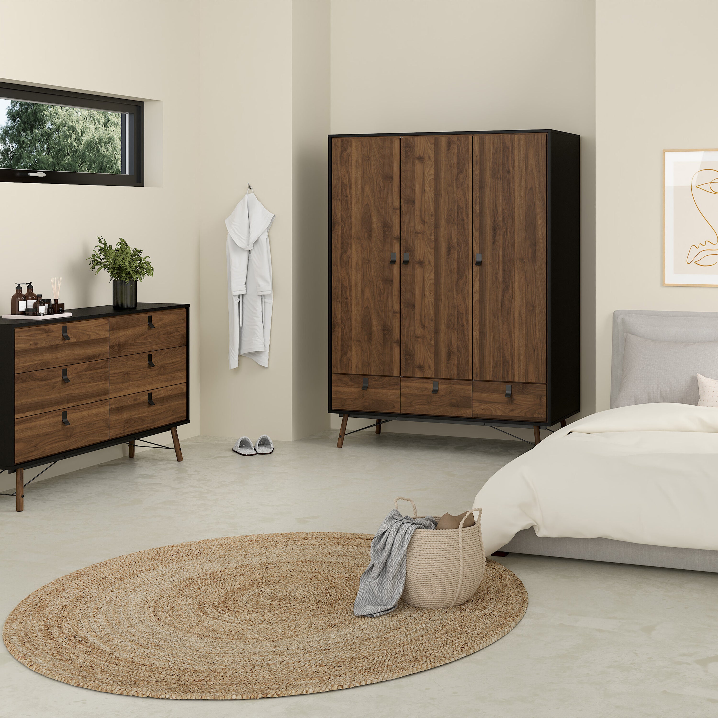 Ry Package - Wardrobe 3 Doors + 3 Drawers + Double chest 6 Drawers + Bedside Cabinet 2 Drawers in Matt Black Walnut