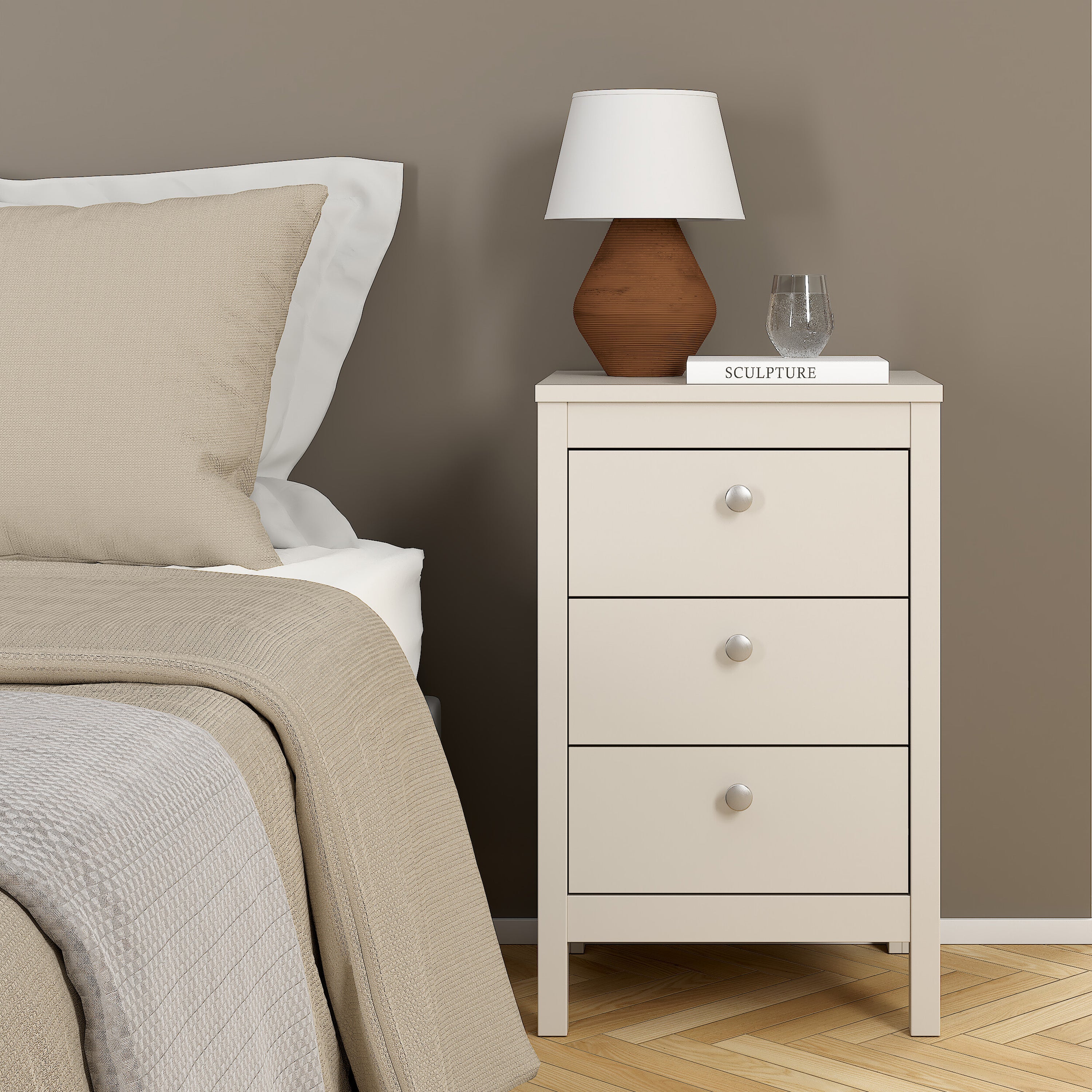 Madrid Bedside Table 3 Drawers in Cashmere