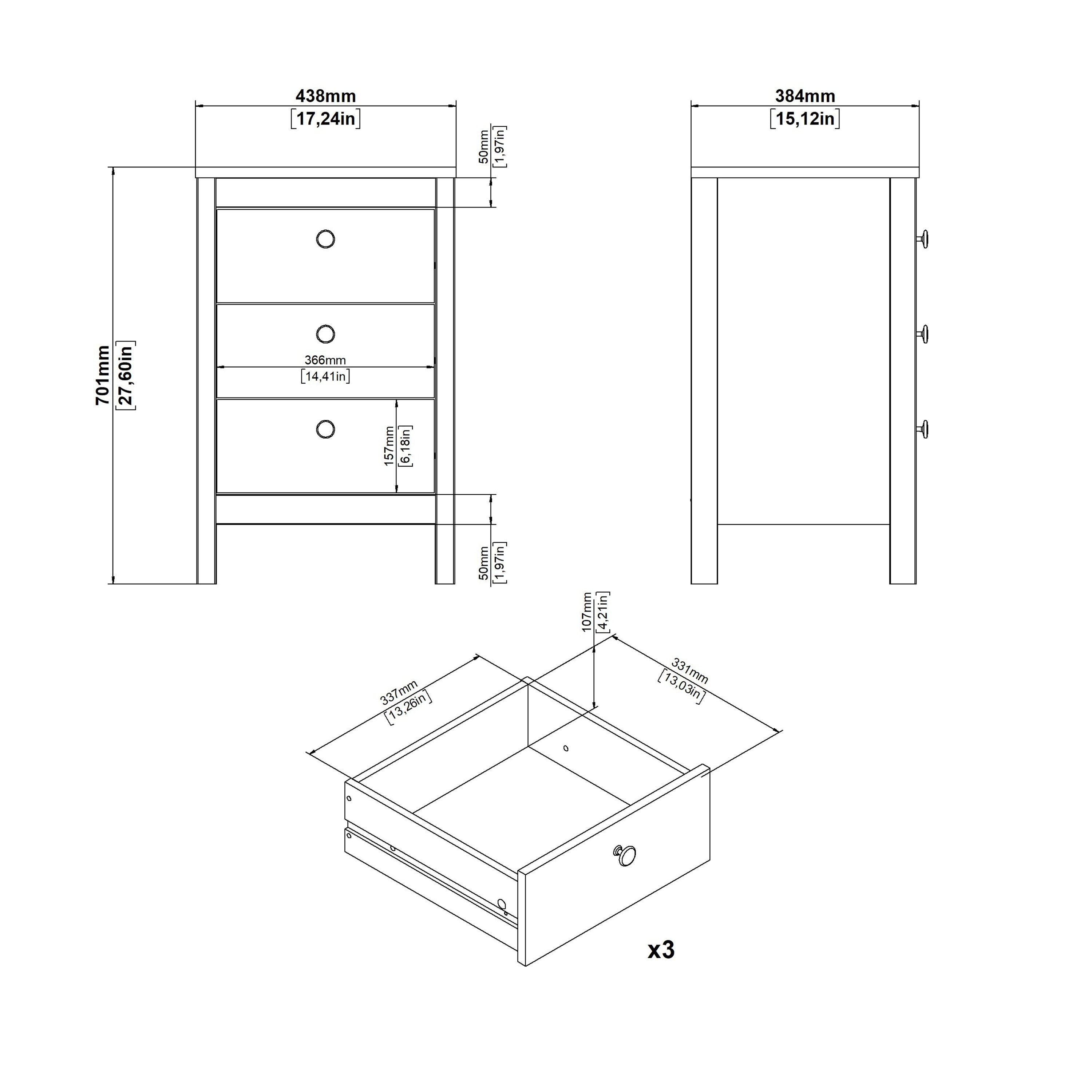 Madrid Bedside Table 3 Drawers in Cashmere