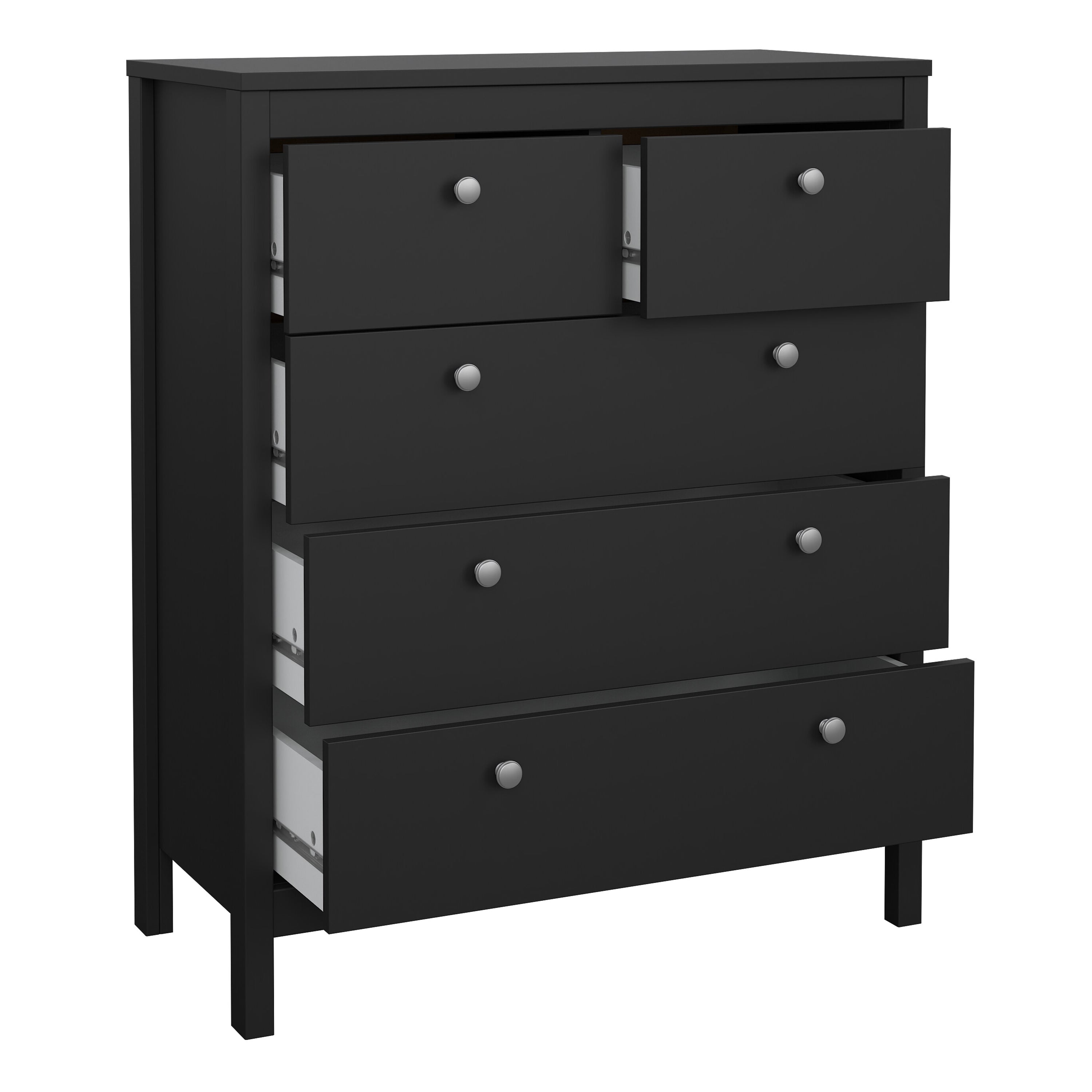 Madrid Package - Bedside Table 2 Drawers + Chest 3+2 Drawers + Wardrobe with 2 Doors in Matt Black