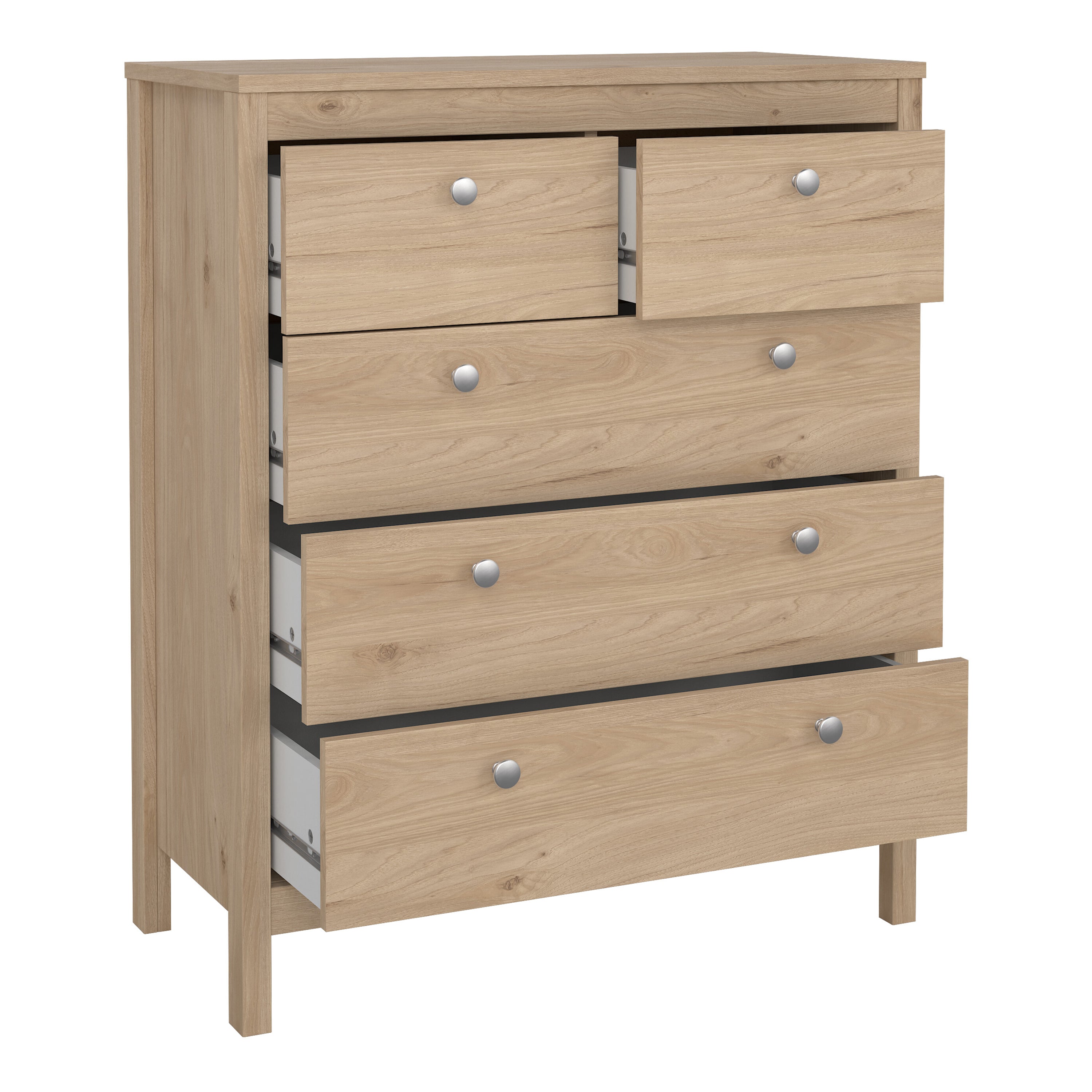 Madrid Package - Bedside Table 2 Drawers + Chest 5 Drawers + 3 Door Wardrobe in Jackson Hickory Oak