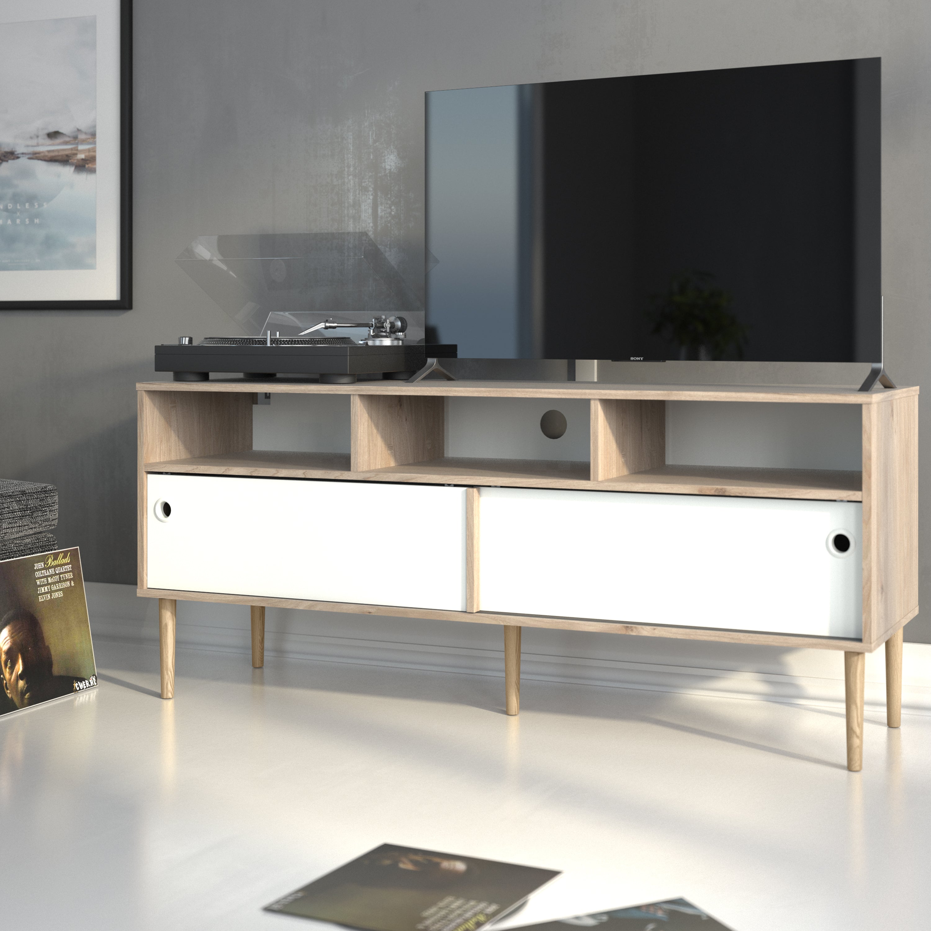 Rome TV Unit 2 Sliding Doors Oak and Matt White