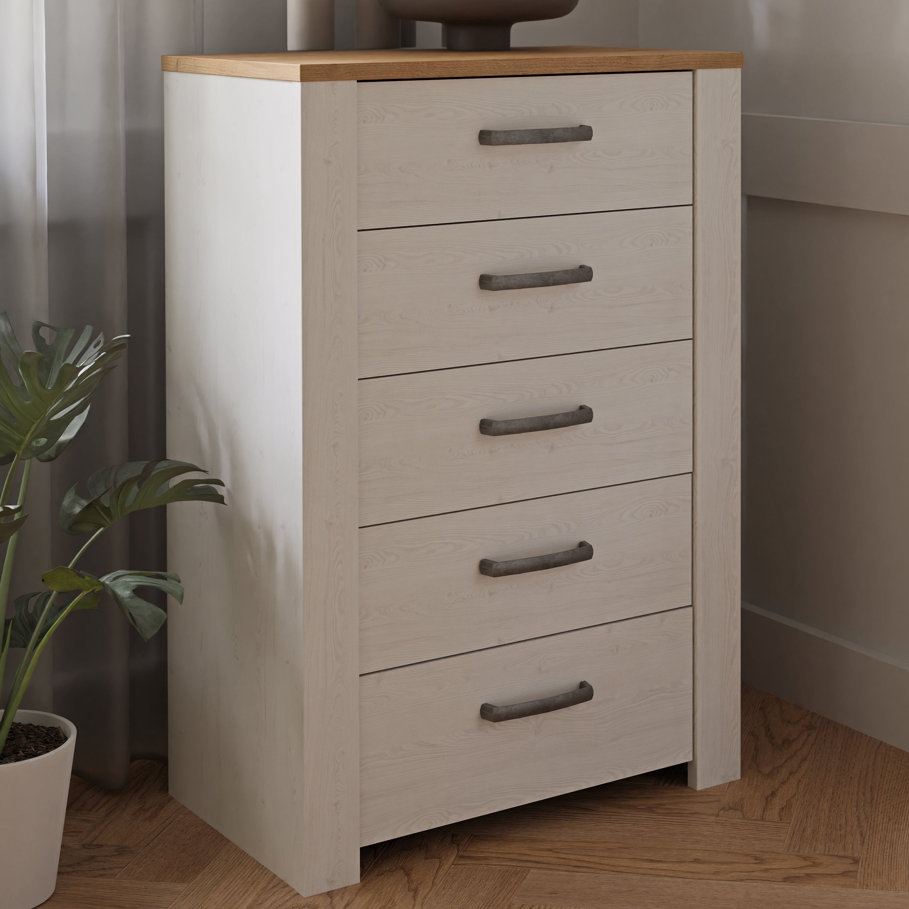 Bohol 5 Drawer Narrow Chest in Riviera Oak/White