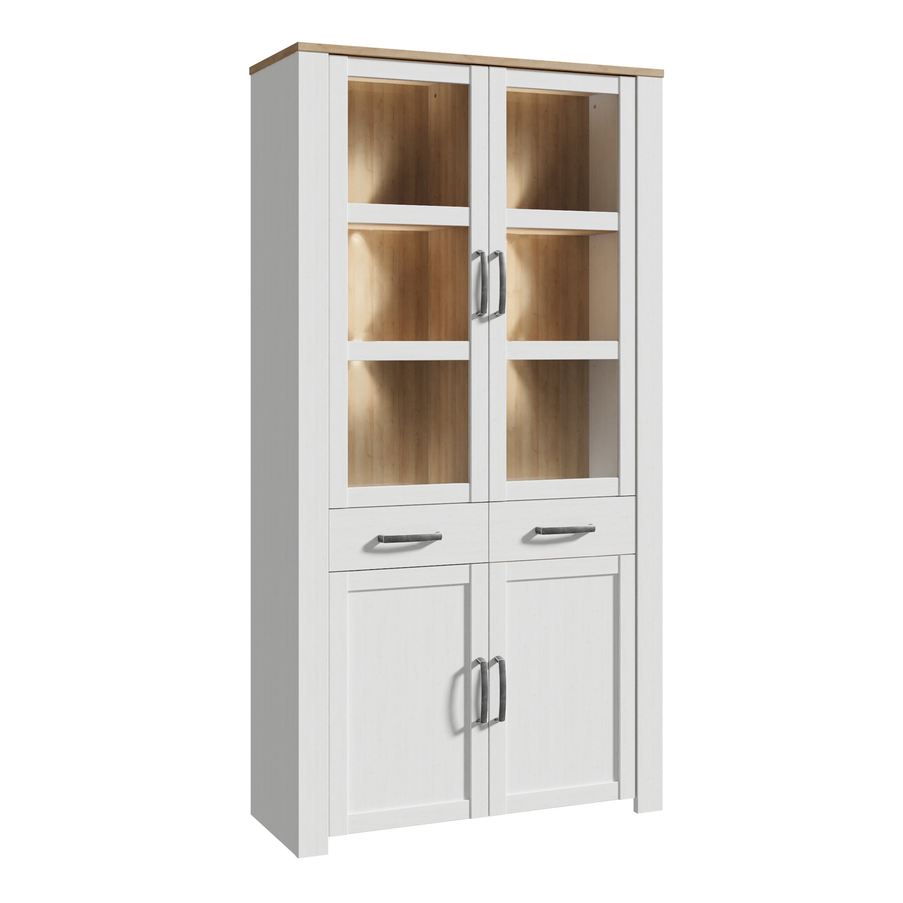 Bohol Display Cabinet 4 Door 2 Drawer in Oak/White inc LED Lighting