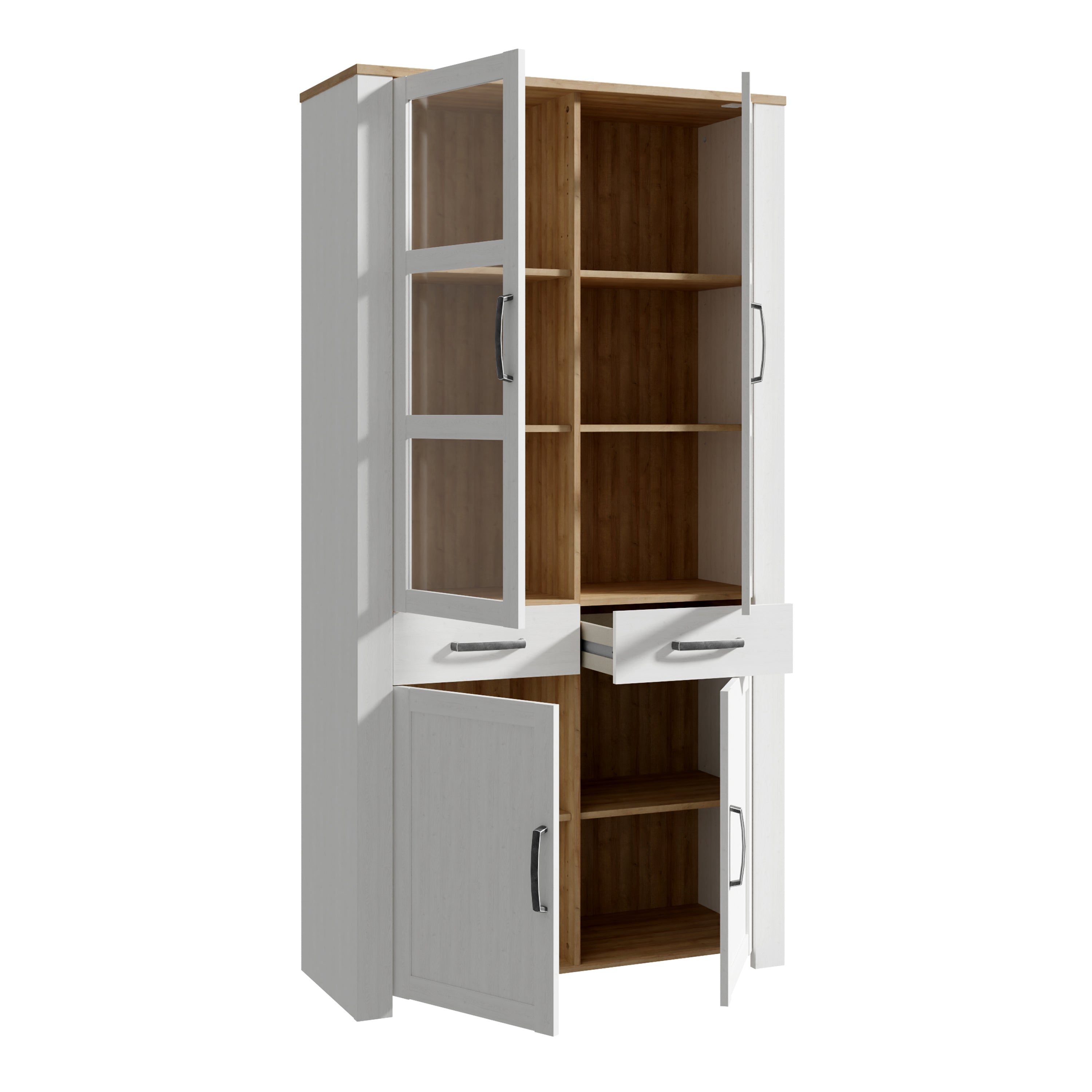 Bohol Display Cabinet 4 Door 2 Drawer in Oak/White