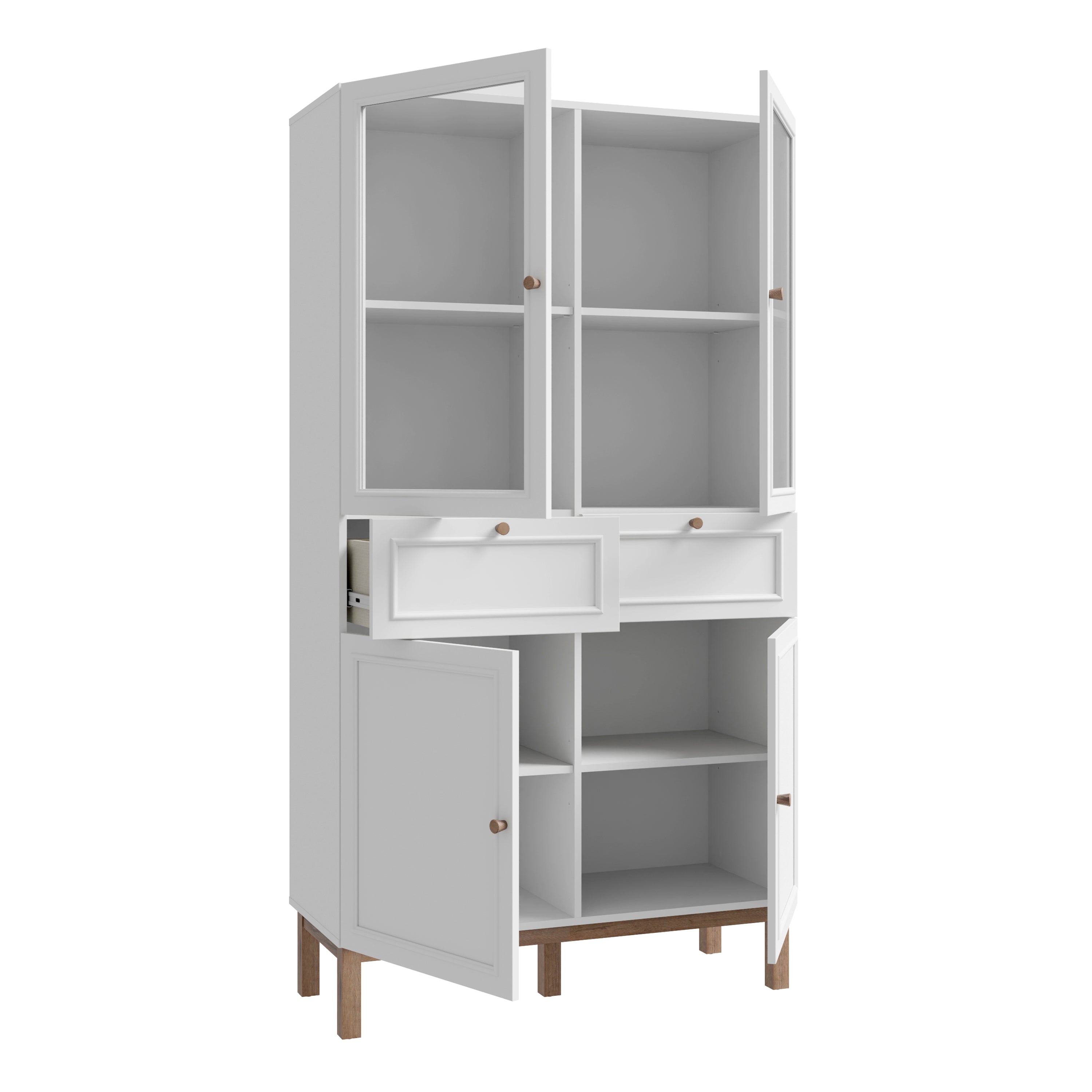 Wensley Display Cabinet with 2 Doors 2 Drawers and 2 Glass Doors in Light Grey and Oak