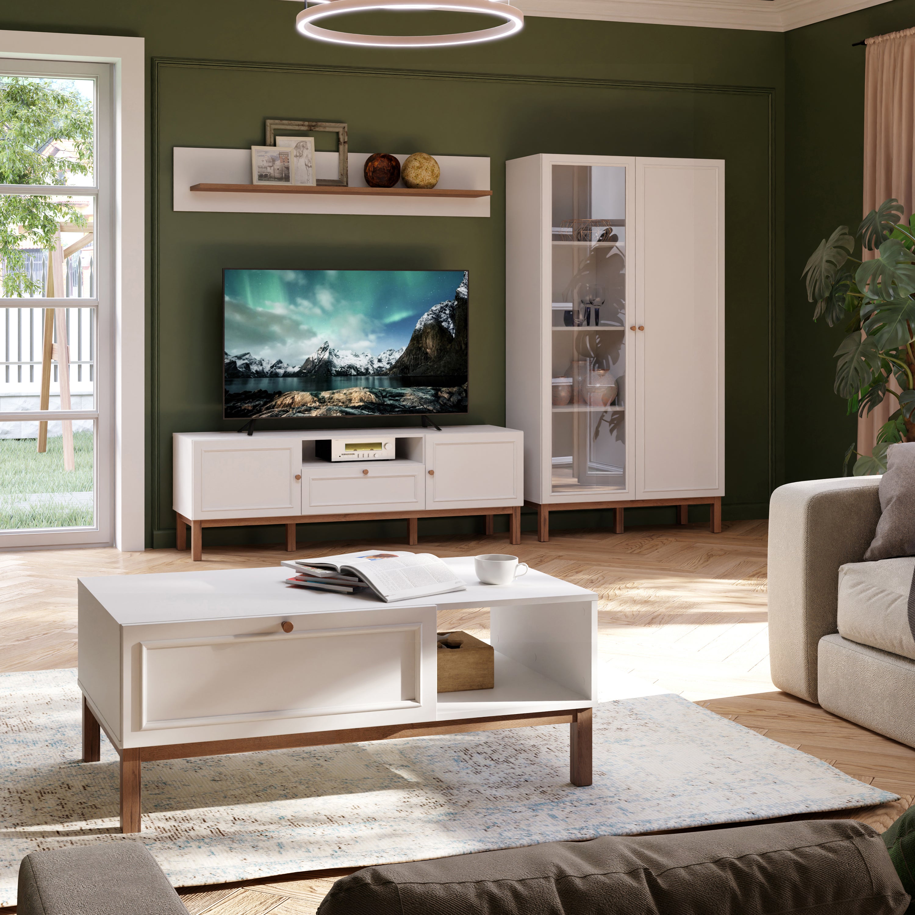 Wensley Display Cabinet with 1 Door and 1 Glass Door in Light Grey and Oak inc LED Lighting