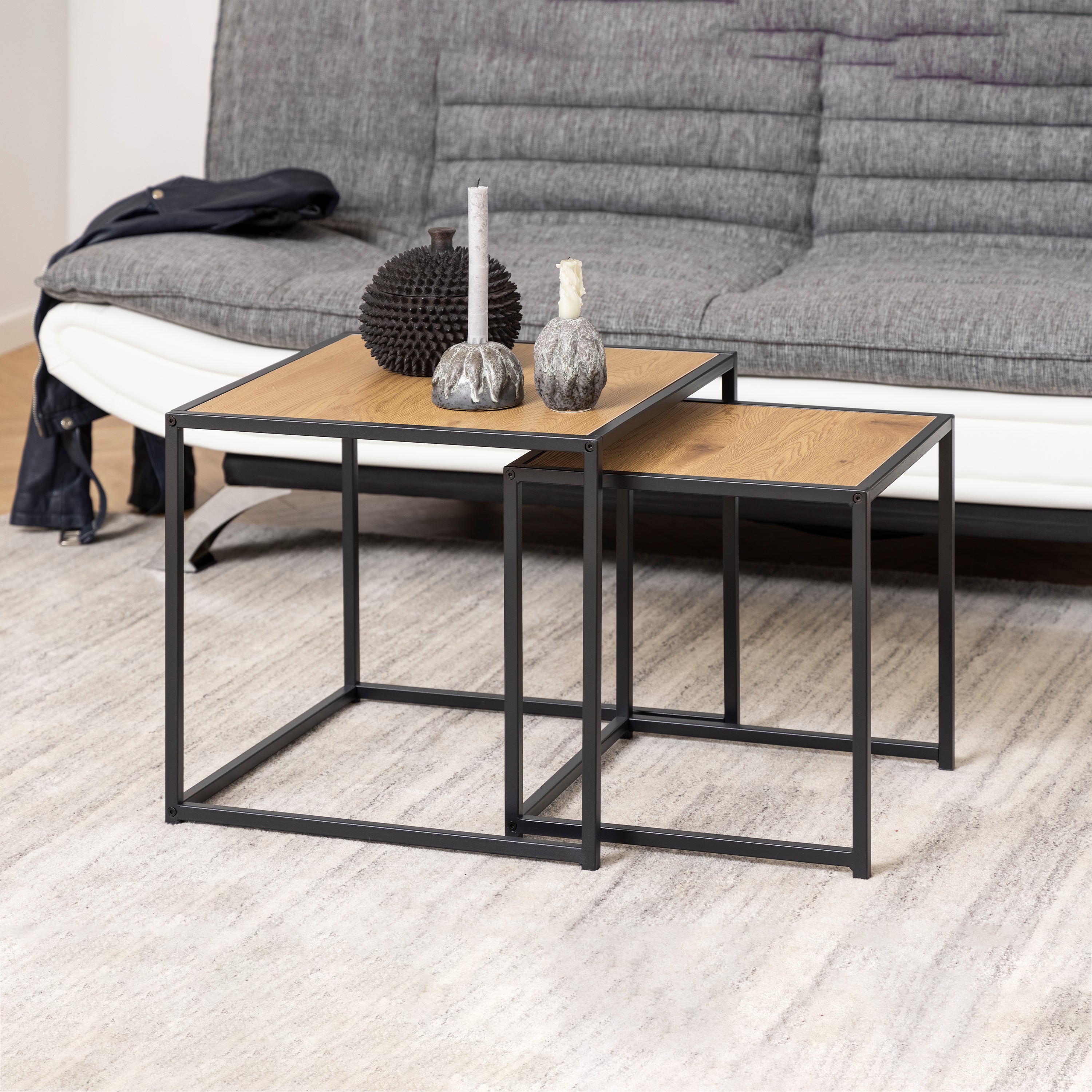 Seaford Black Metal Nest of Tables with Oak Top