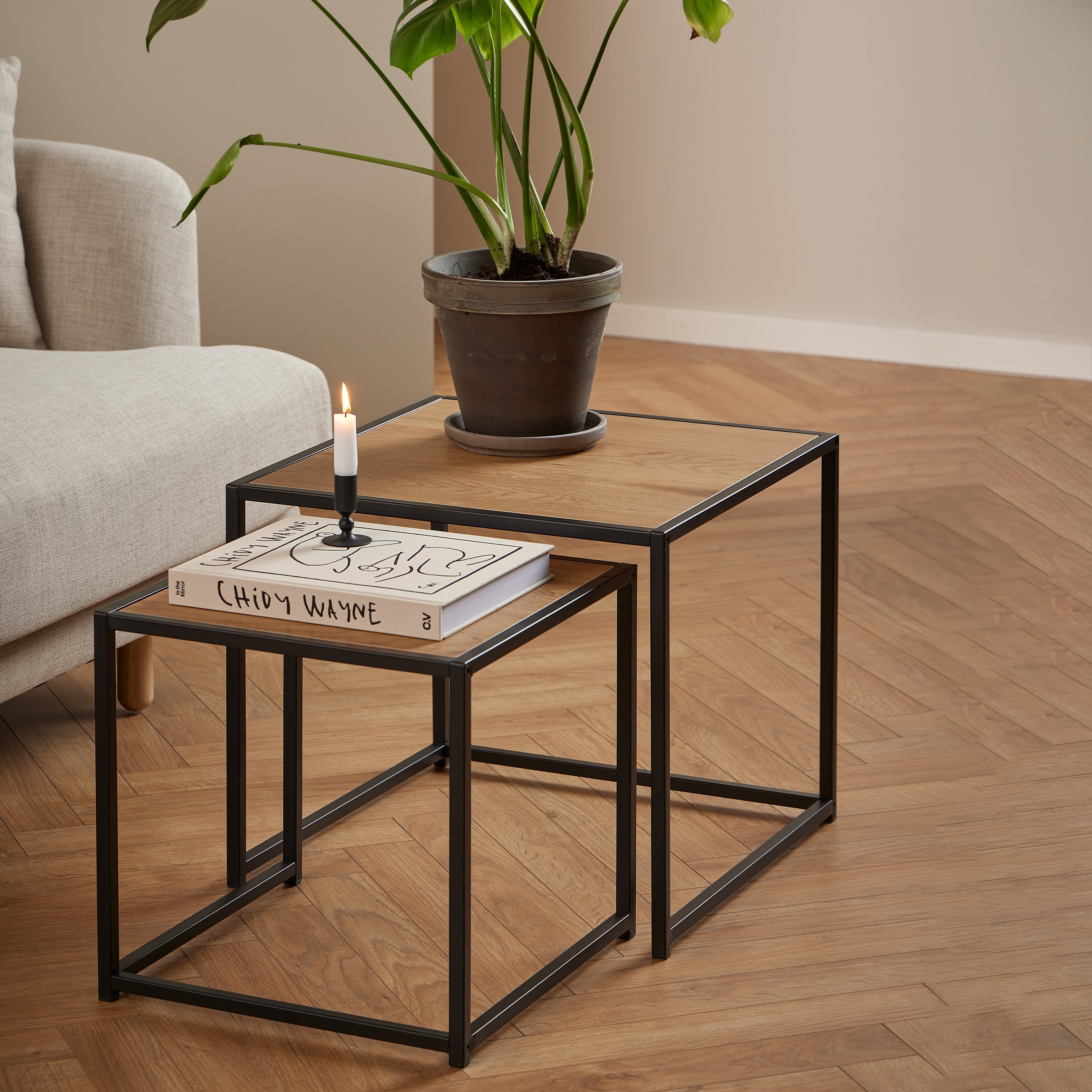 Seaford Black Metal Nest of Tables with Oak Top