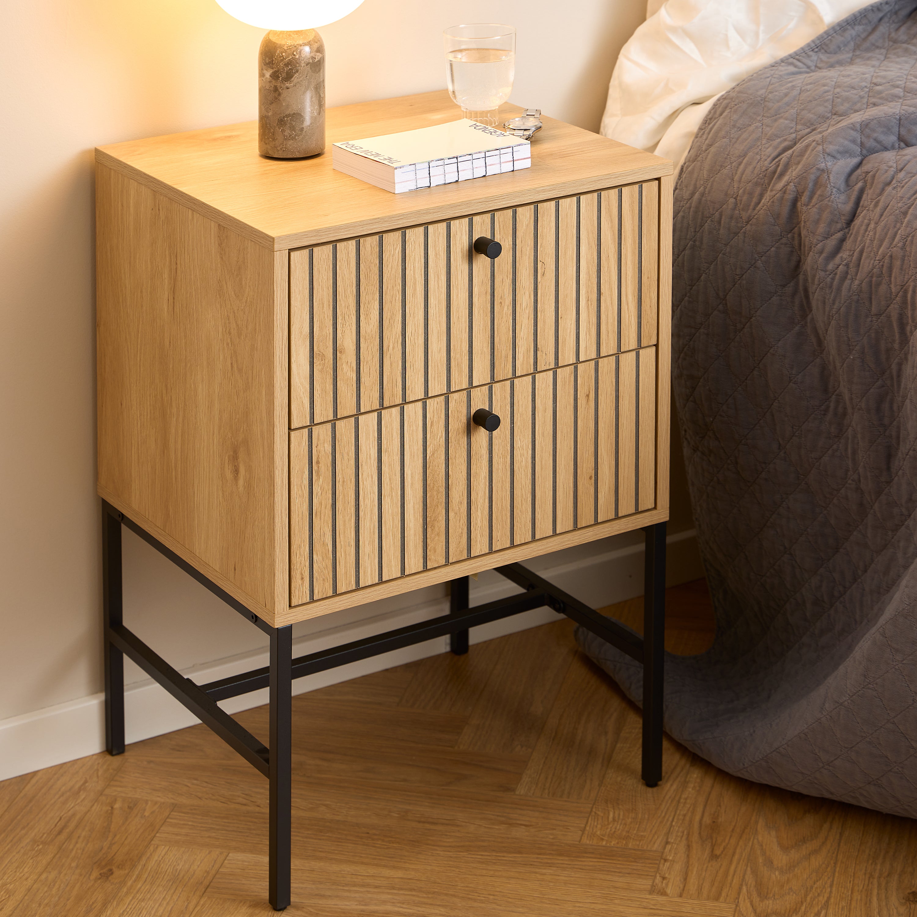Albany 2 Drawer Bedside Table in Oak/Black Legs