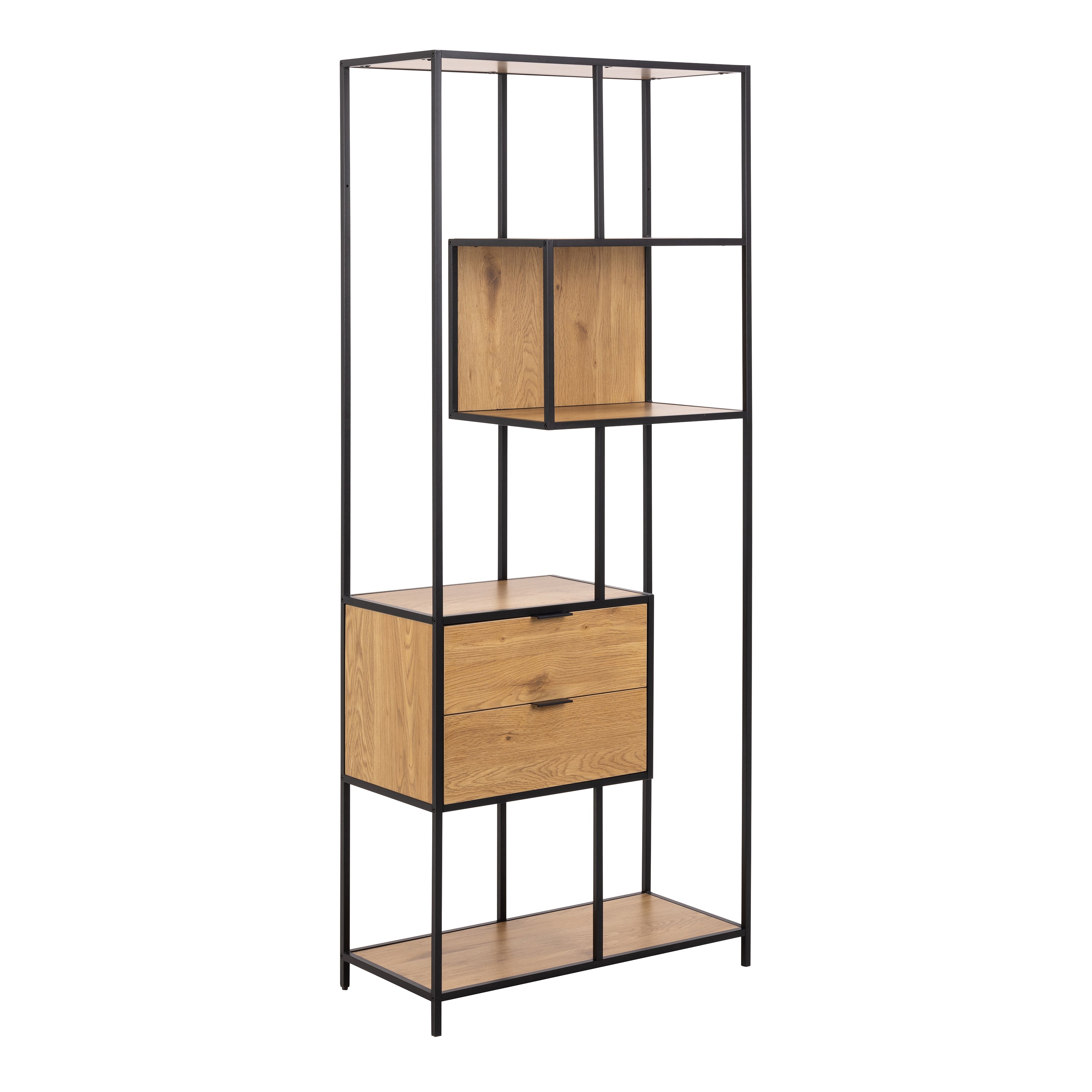 Seaford Tall Wild Oak Metal 2 Drawer Bookcase With 4 Shelves