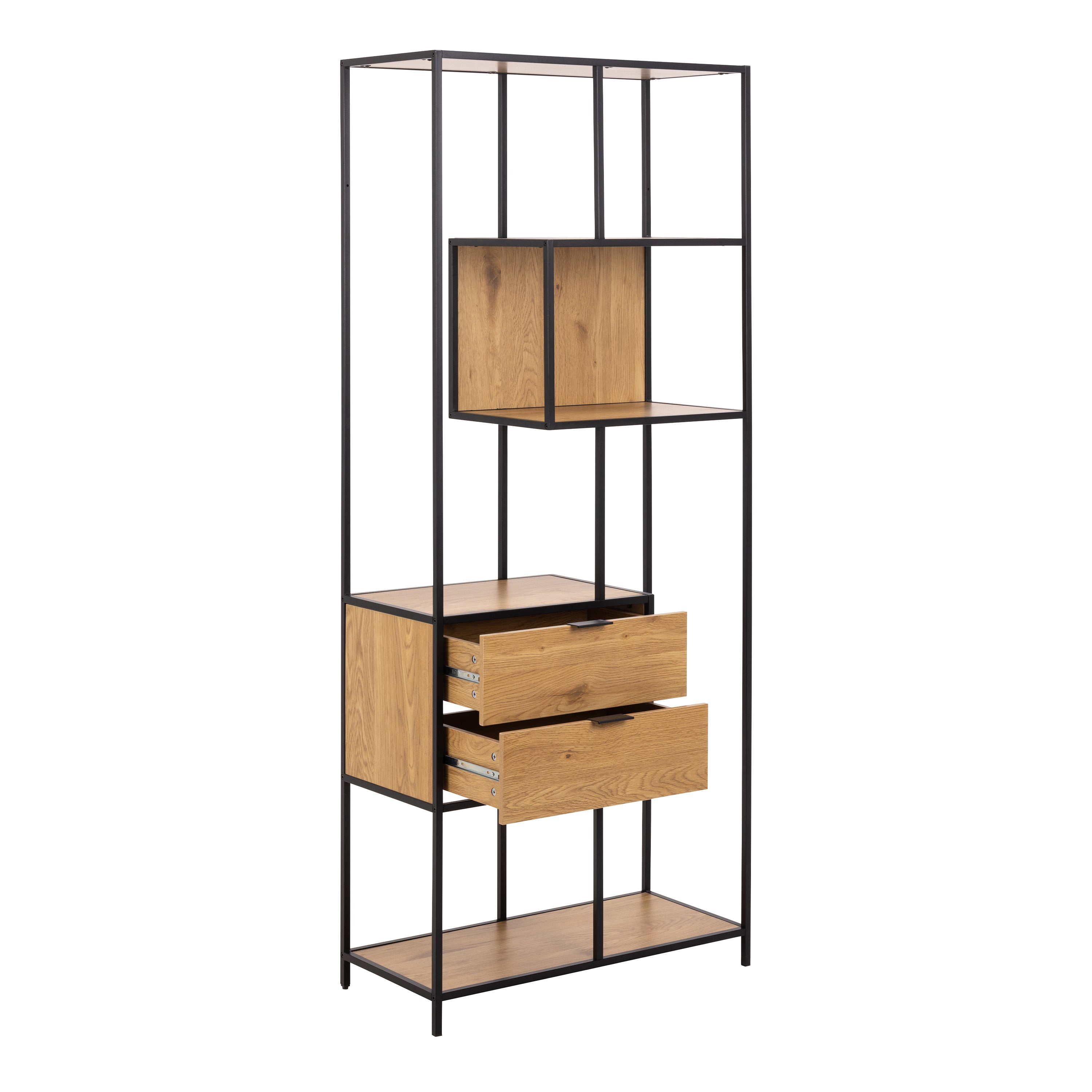 Seaford Tall Wild Oak Metal 2 Drawer Bookcase With 4 Shelves