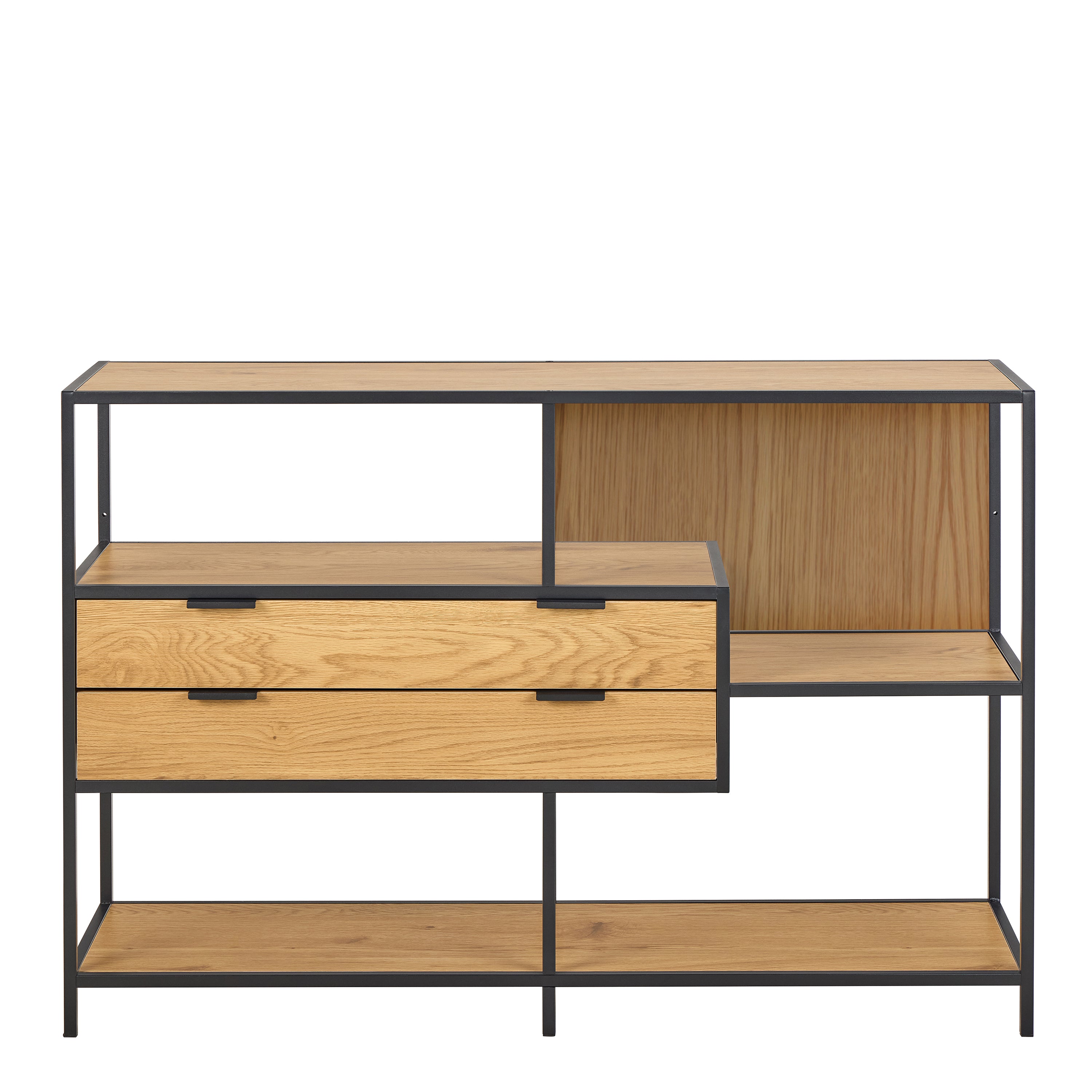Seaford Wide Oak Metal Bookcase 2 Drawers and 3 Shelves in Matt Wild Oak