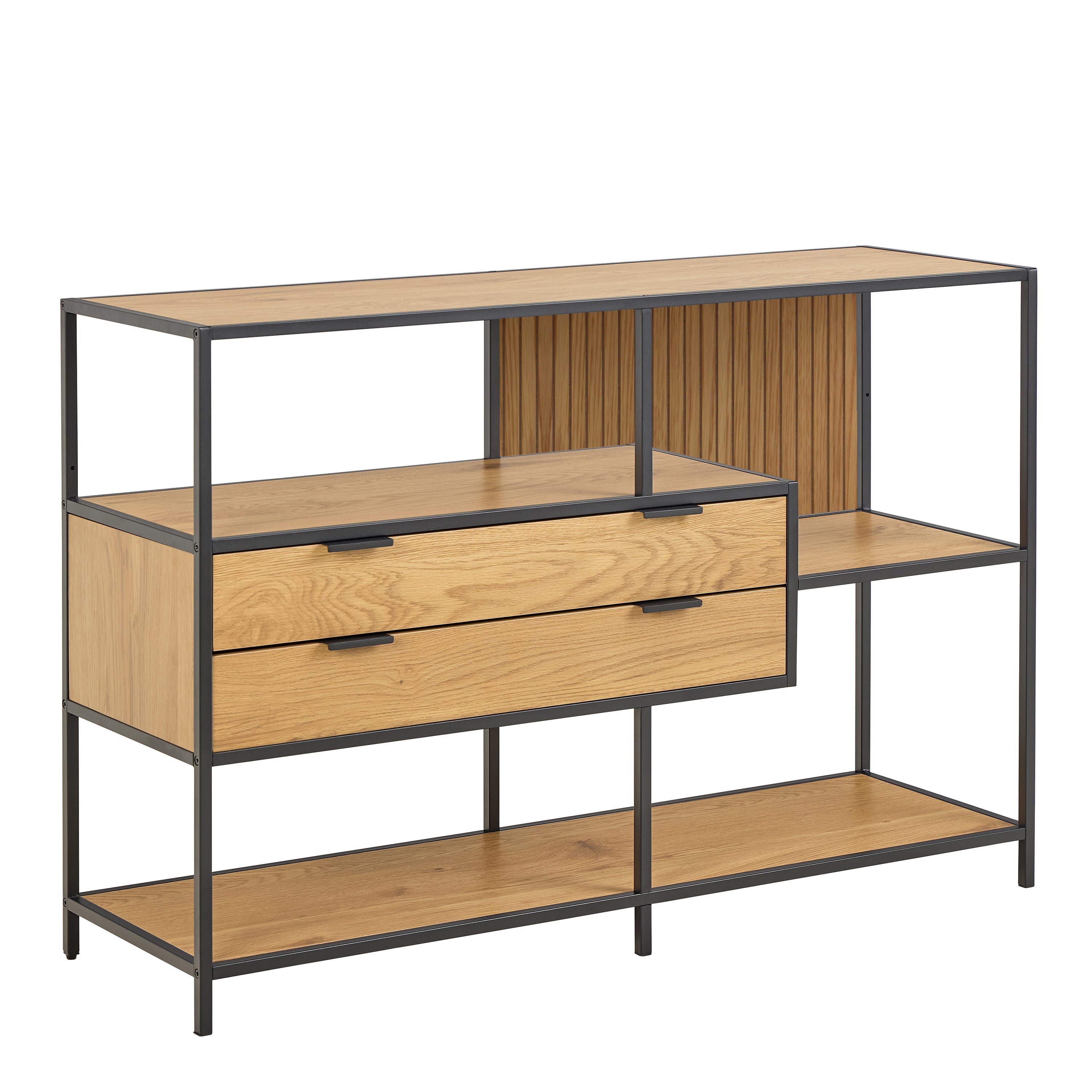 Seaford Wide Oak Metal Bookcase 2 Drawers and 3 Shelves in Matt Wild Oak