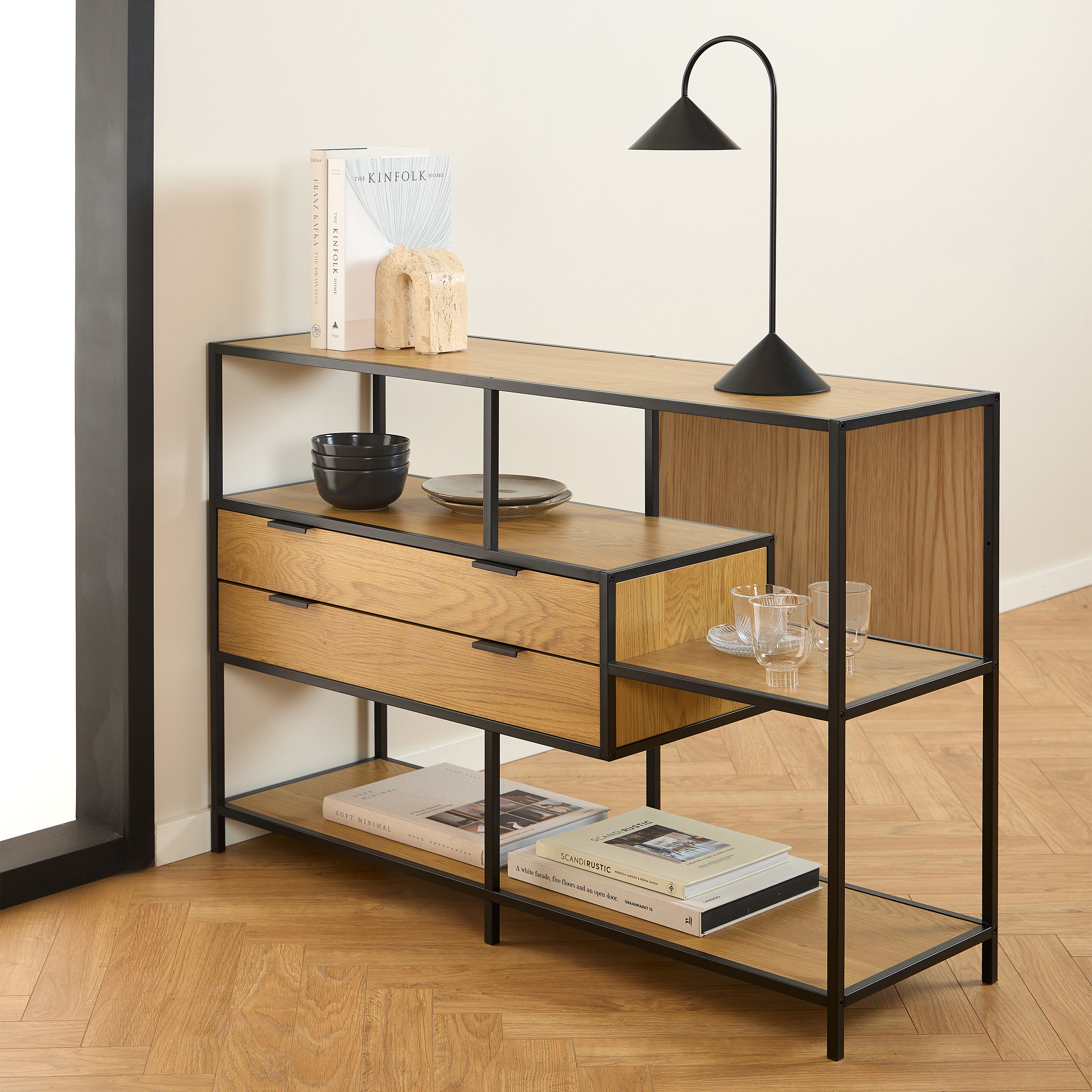 Seaford Wide Oak Metal Bookcase 2 Drawers and 3 Shelves in Matt Wild Oak