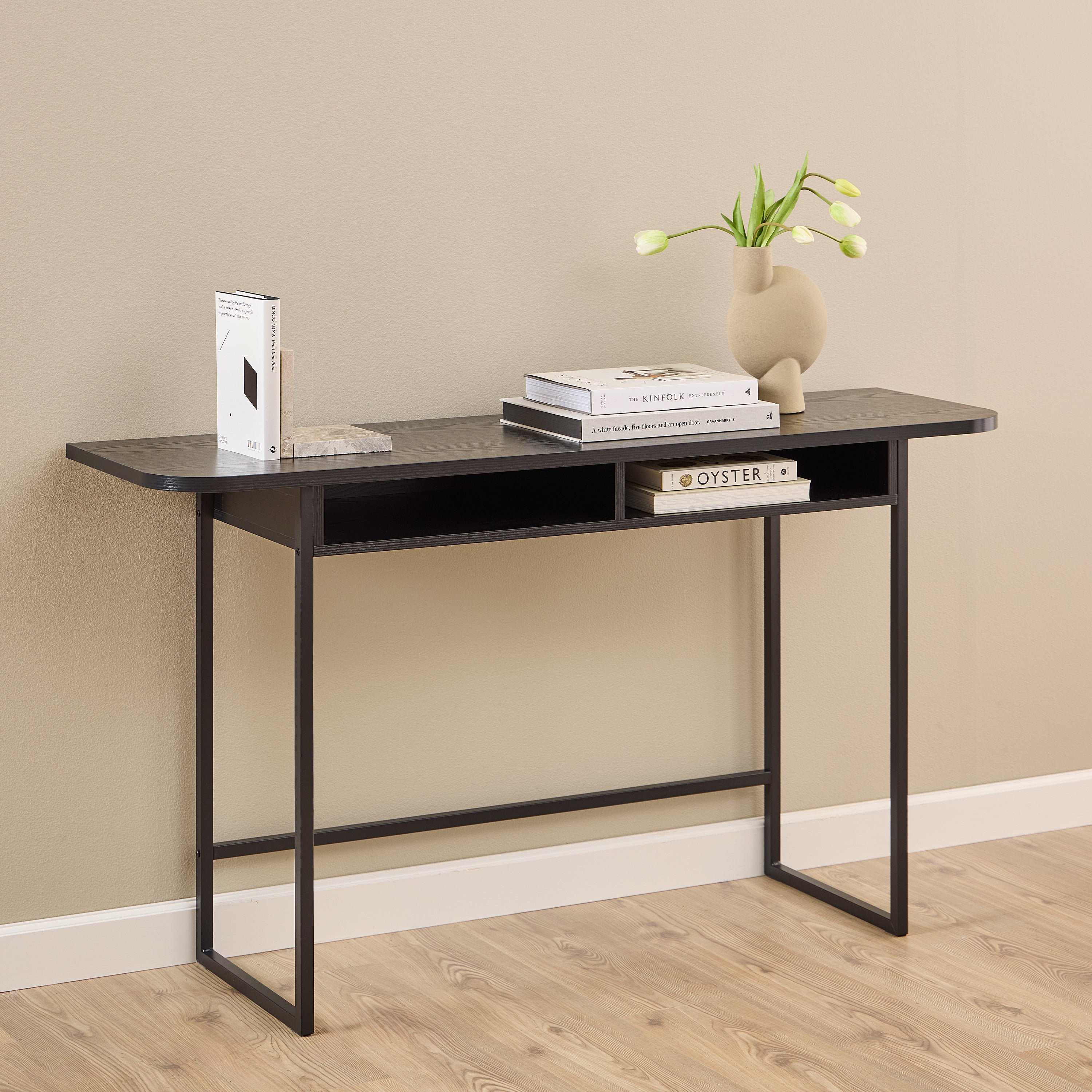 Darlington Console Table With Open Shelf and Oak Top in Black