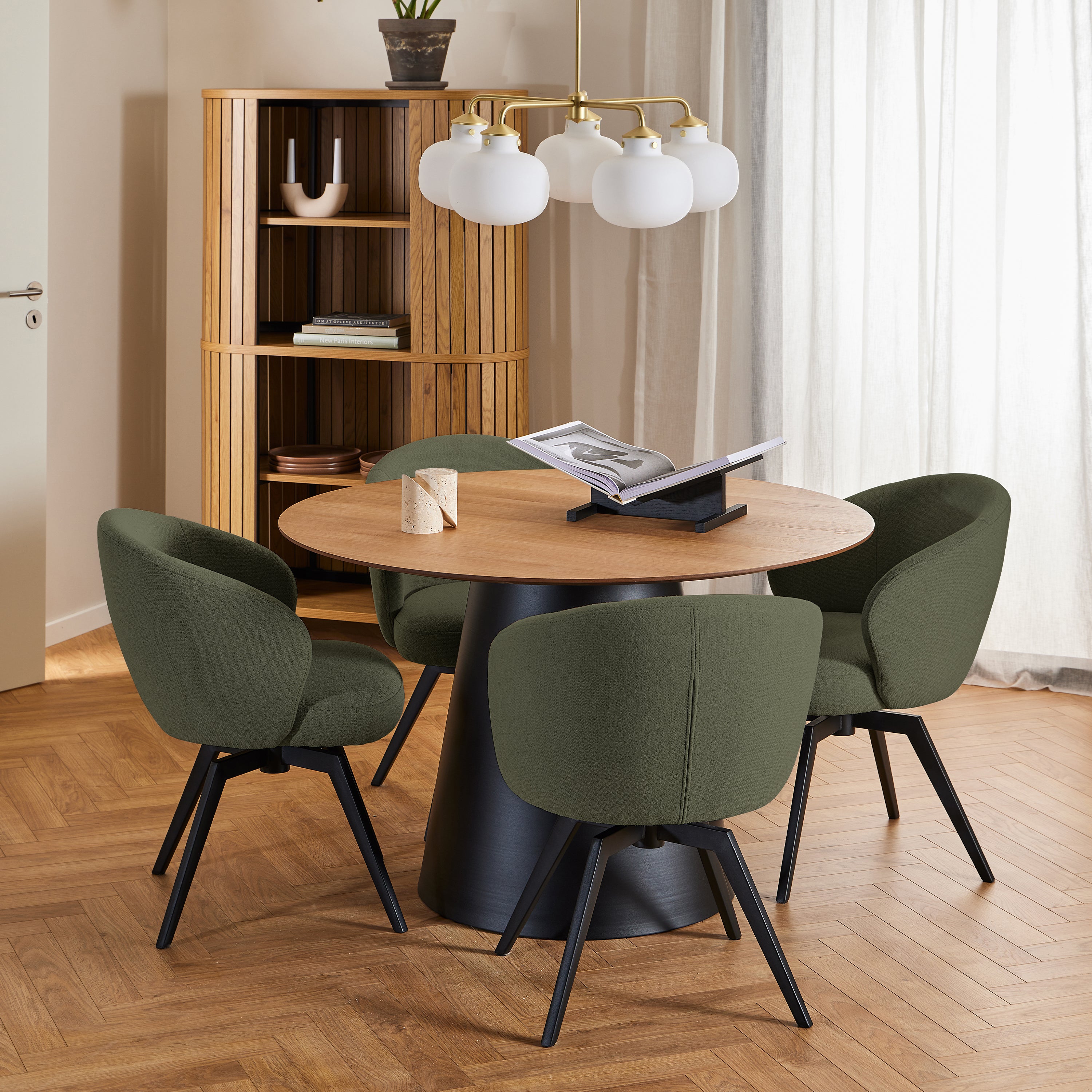 Soli Round Dining Table in Oak/Black 120x75cm Included 4 Darlene Dining Chair with Armrest and Swivel Function in Green