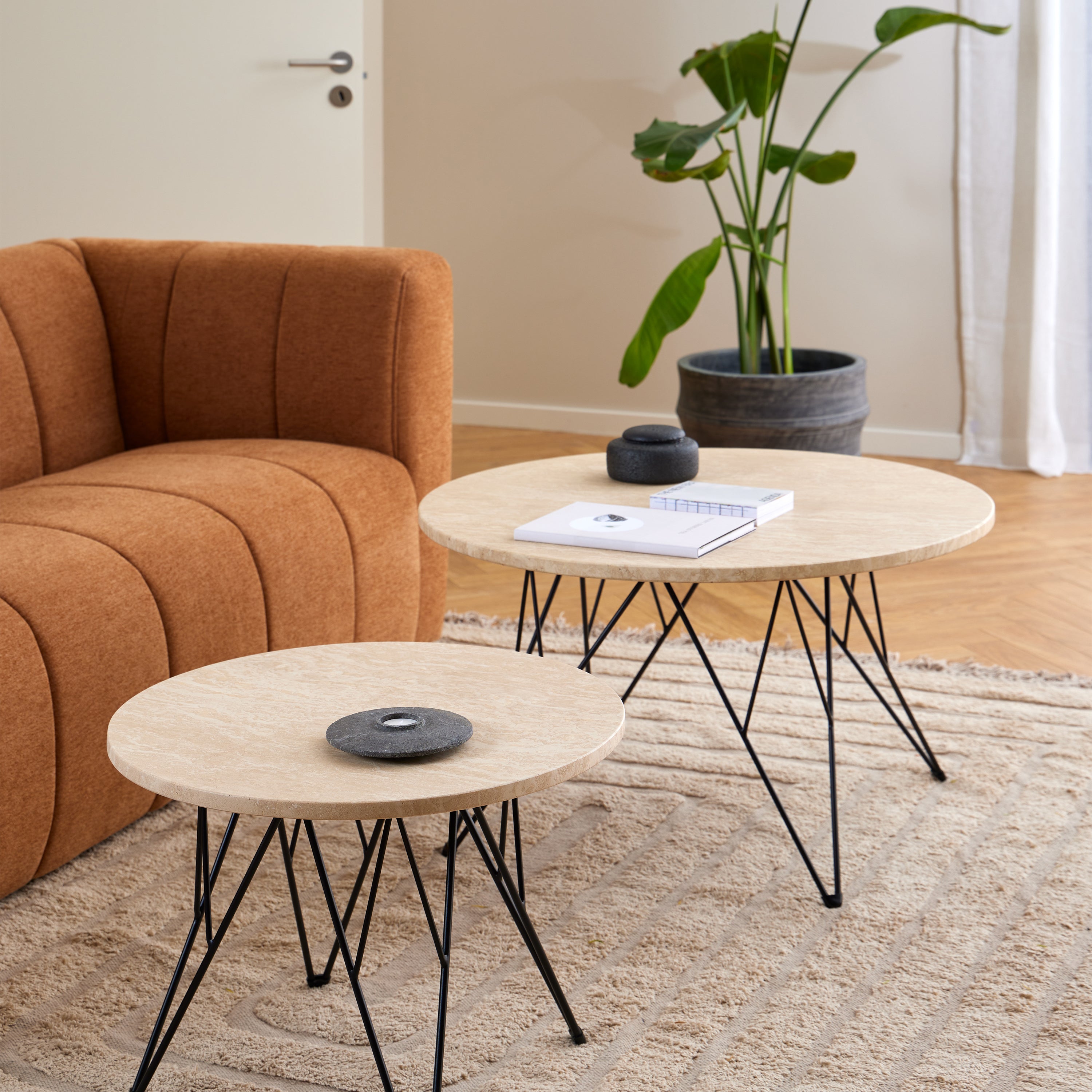 Prunus Round Coffee Table in Matt Beige and Matt Black Coated Steel Base 80x46.4cm