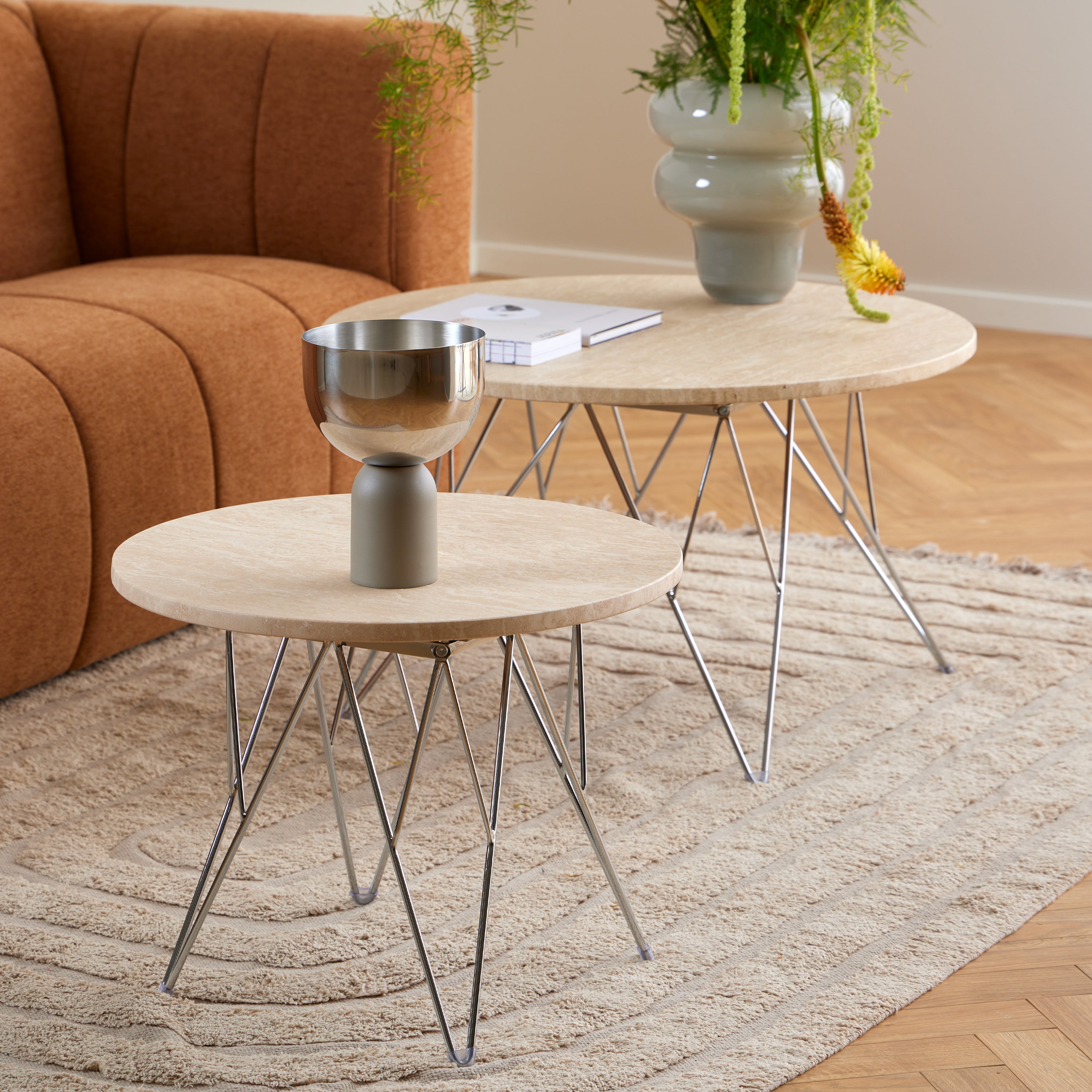 Prunus Round Side Table in Matt Beige and Chrome Steel Base 55x41.4cm