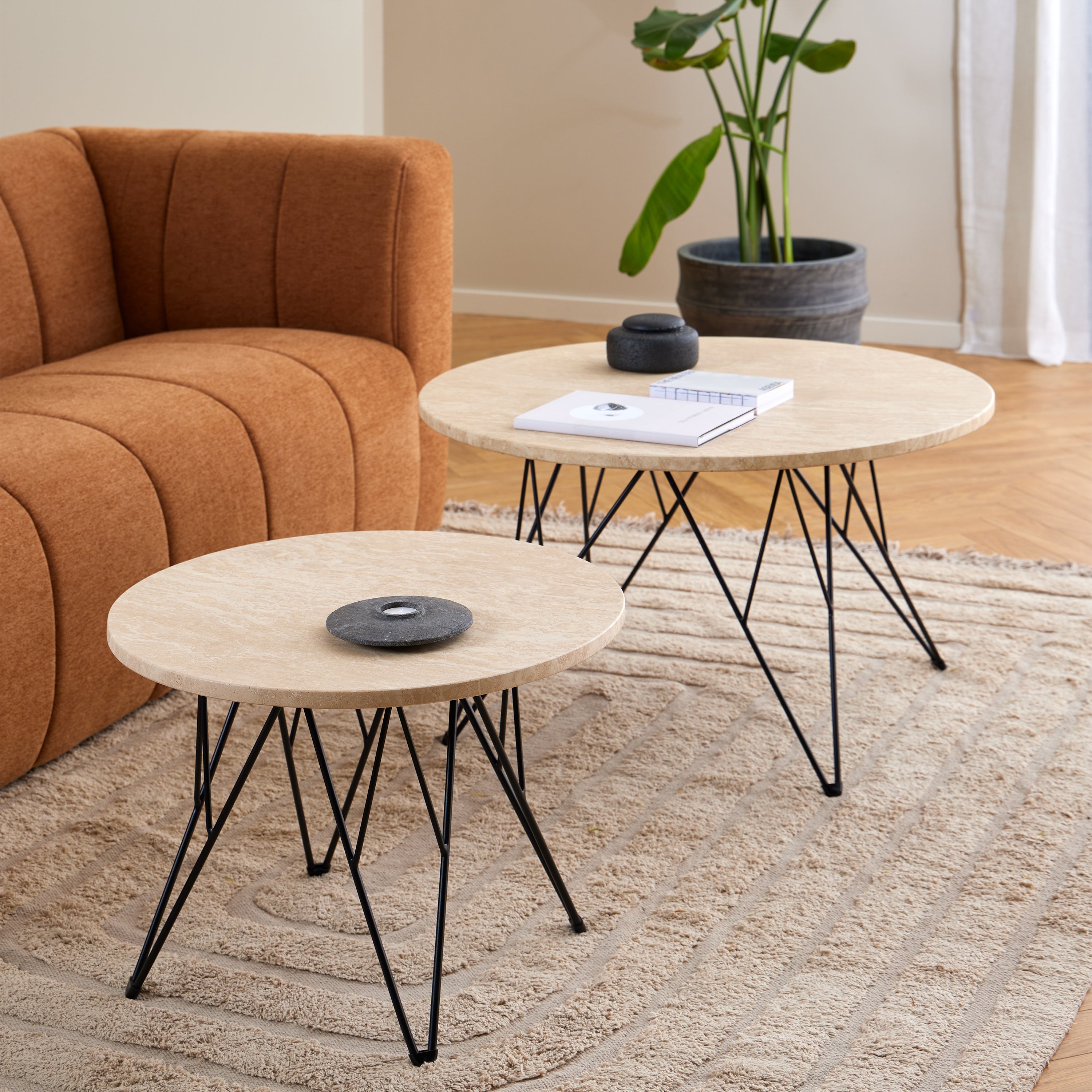 Prunus Round Side Table in Matt Beige and Black Coated Steel Base 55x41.4cm