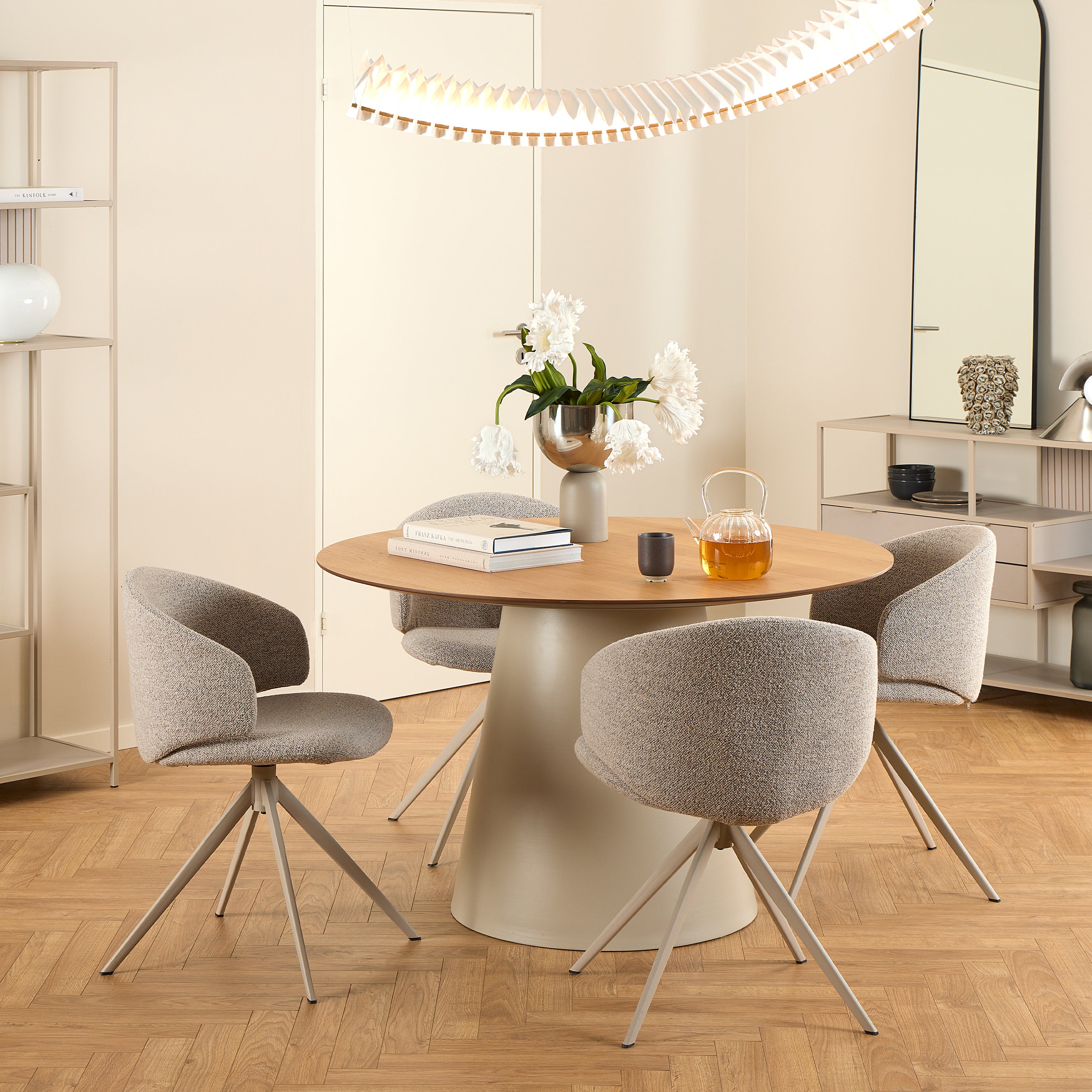 Soli Round Dining Table in Oak/Grey 120x75cm Included 4 Ella Swivel Beige Dining Chair
