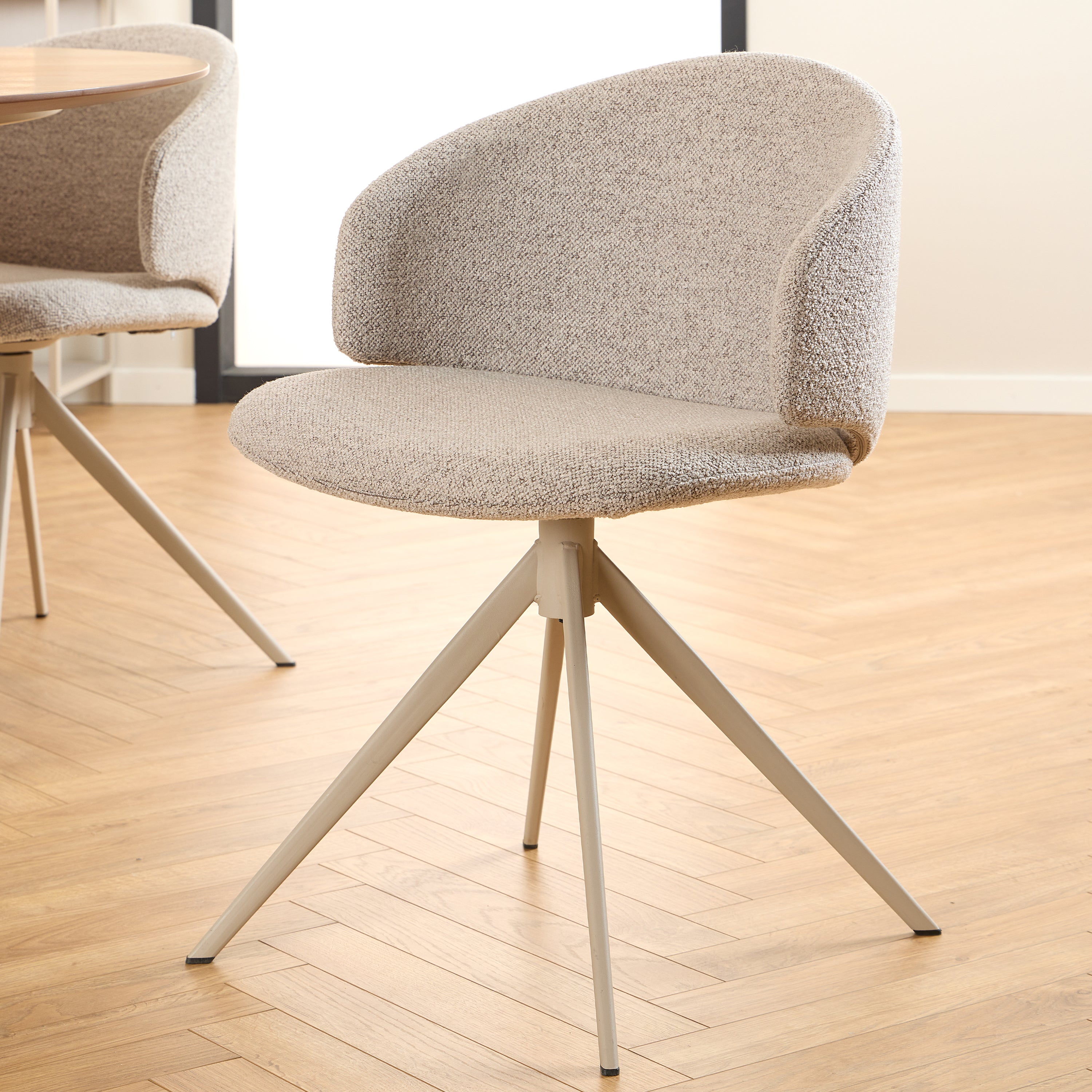 Soli Round Dining Table in Oak/Grey 120x75cm Included 4 Ella Swivel Beige Dining Chair