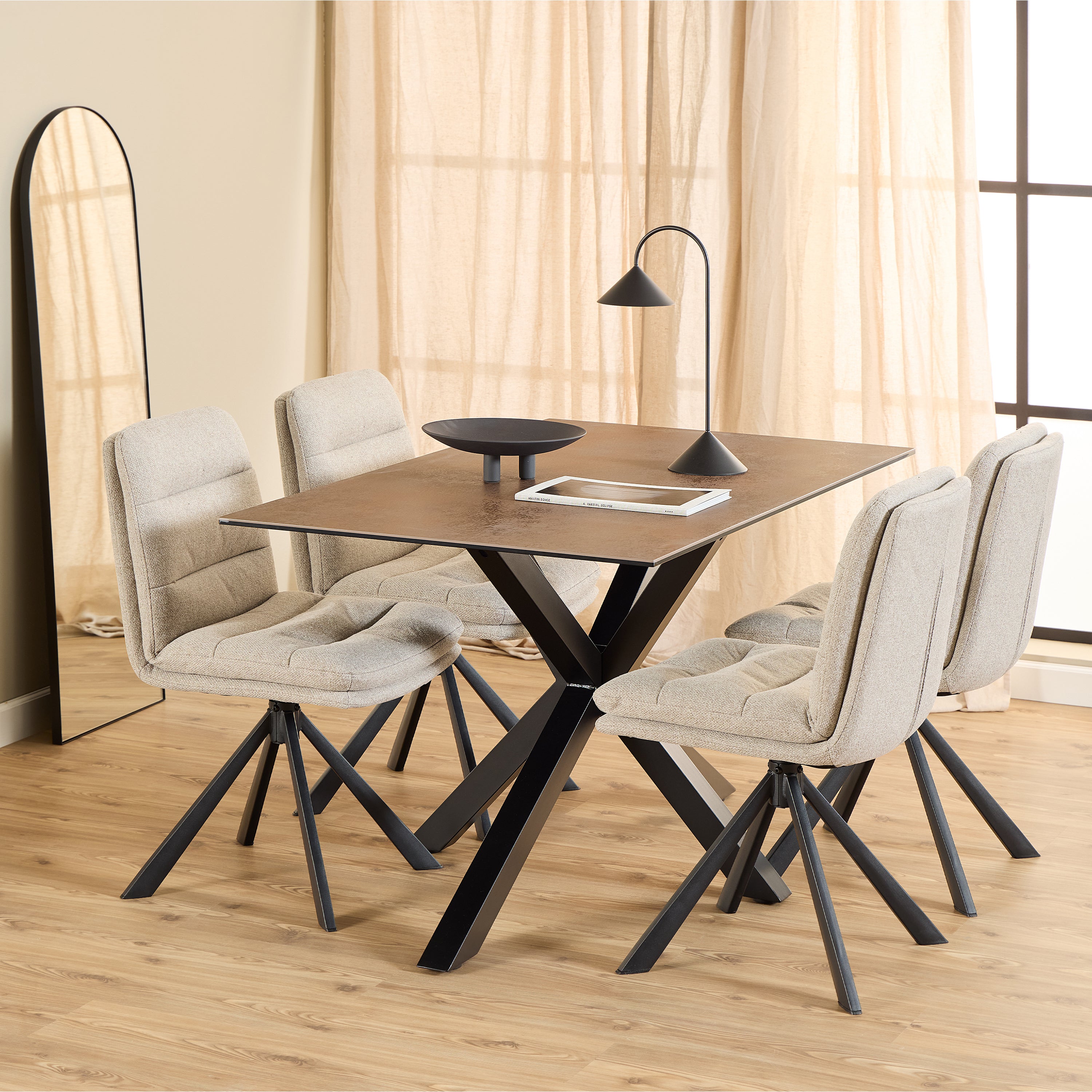 Heaven Dining Table with Ceramic Rusty Brown Top 135cm Included 4 Dean Beige Swivel Dining Chair