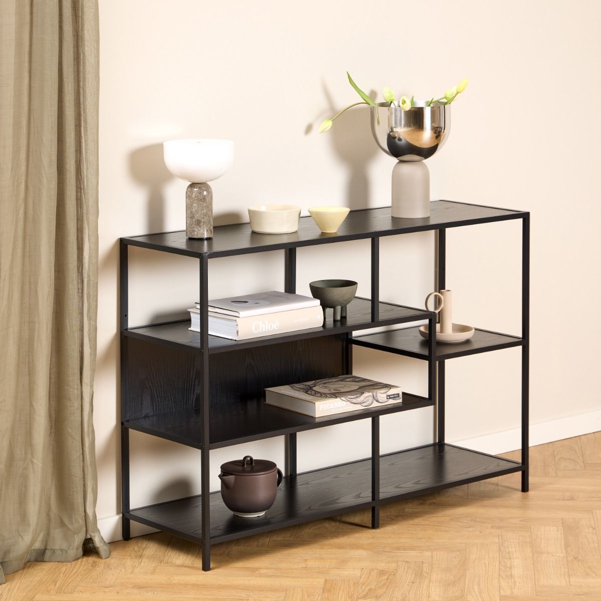 Seaford Wide Ash Black Metal Bookcase With 4 Black Ash Shelves
