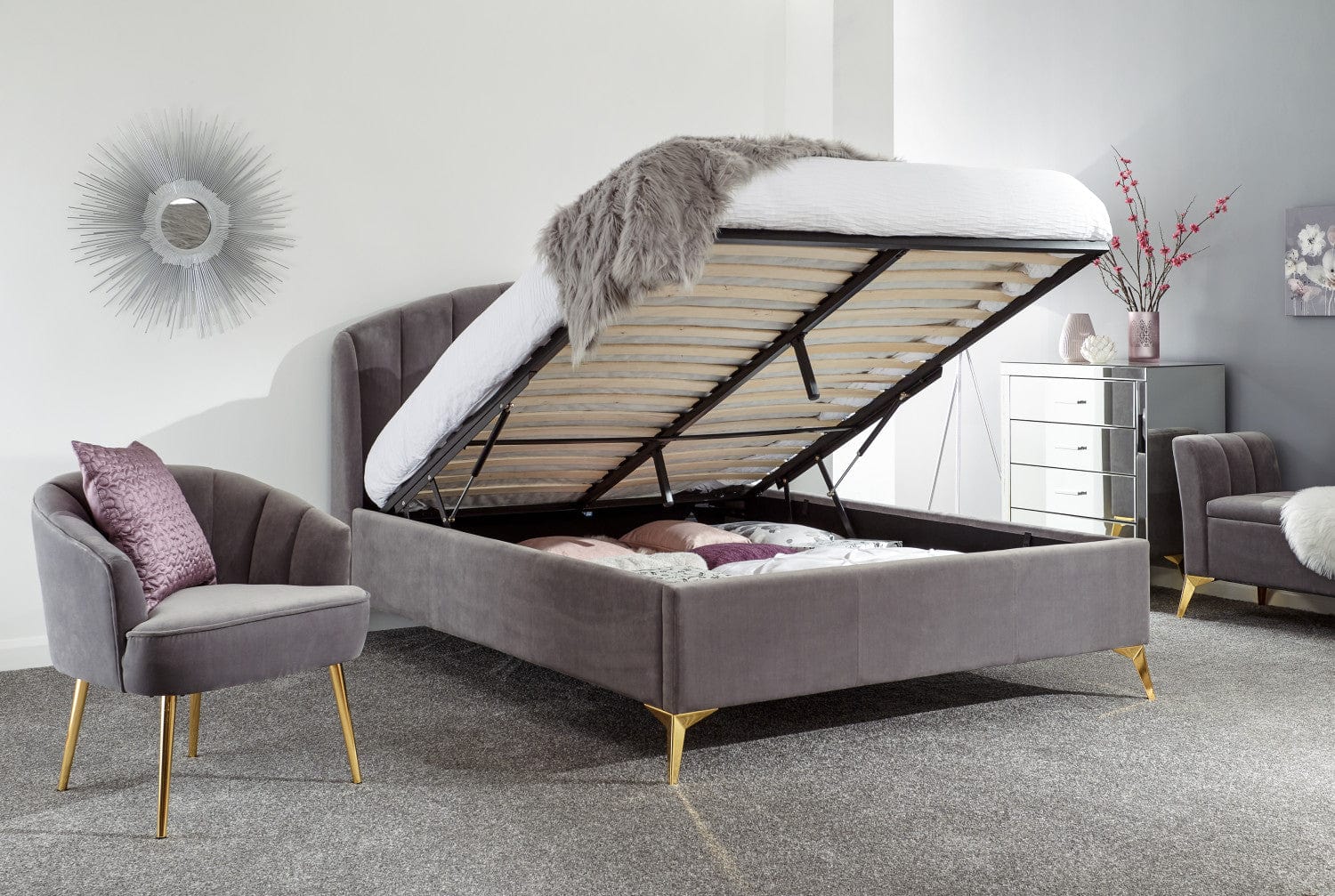 GFW Bedroom Set Pettine 3 Piece Bedroom Set in Grey - Lift Up Bed, Chair & Storage Ottoman Bed Kings