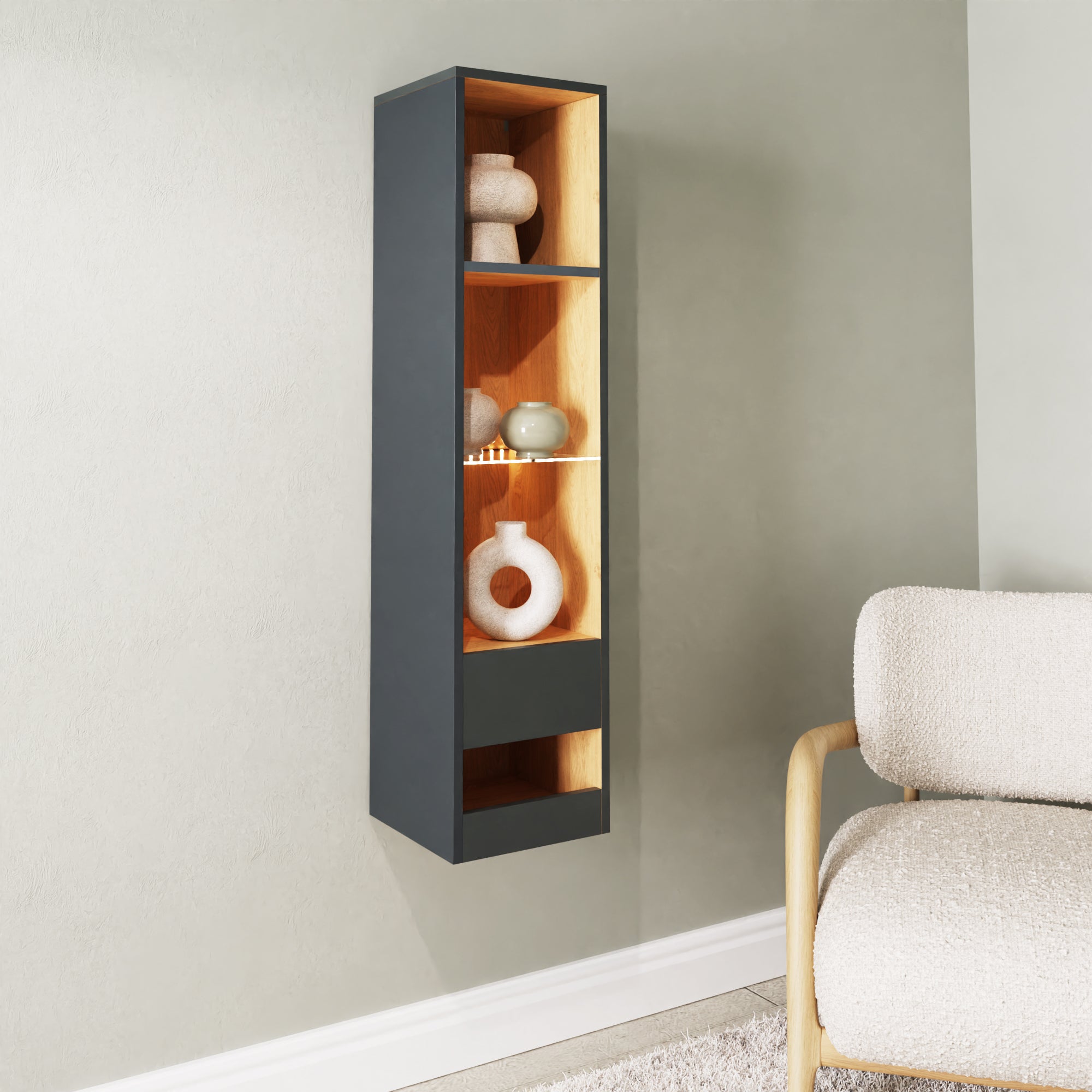 Leon Tall Shelf Unit With LED Anthracite/Oak