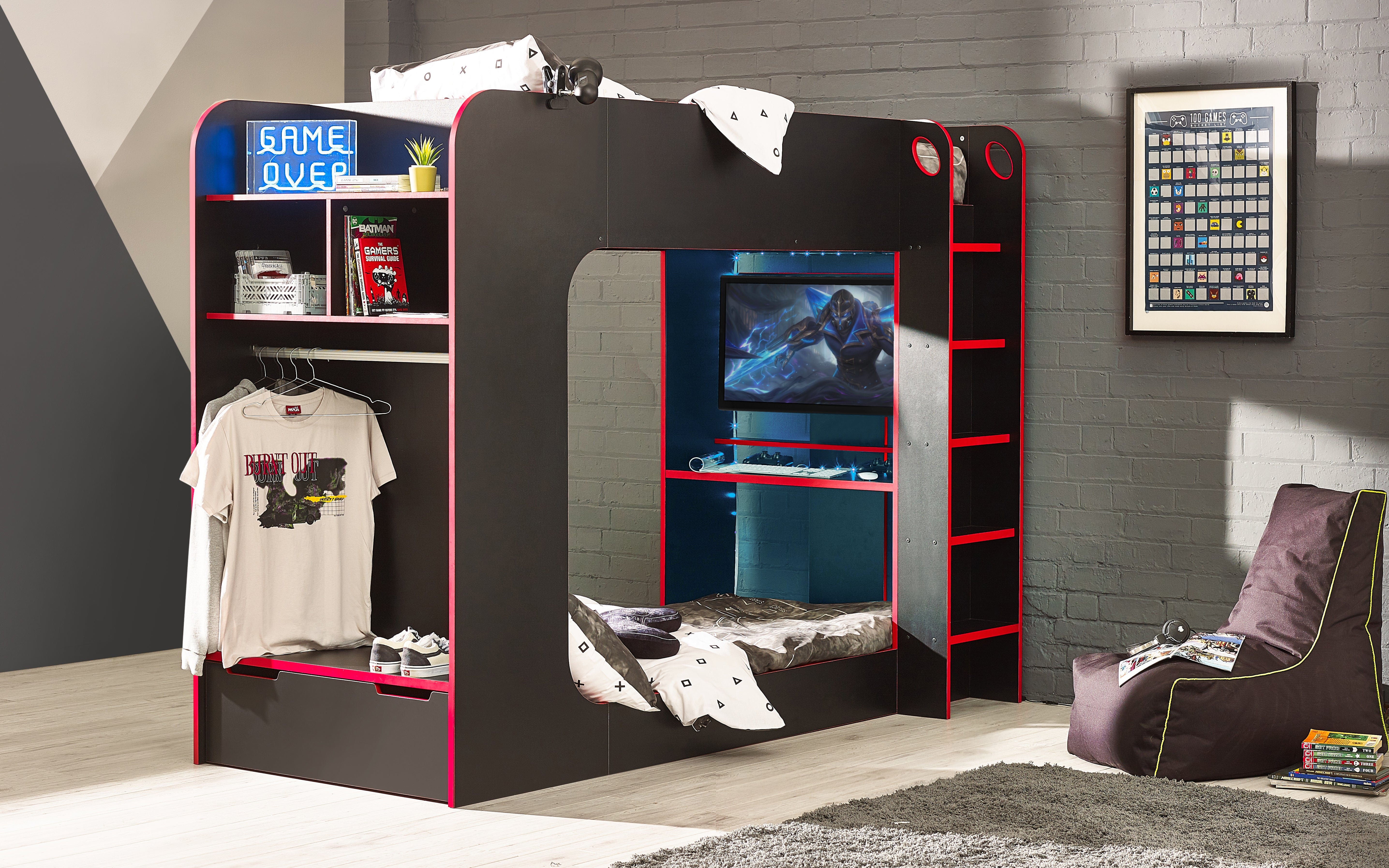 Julian Bowen Bunk Bed Single 90cm 3ft Impact Gaming Bunk Black/Red Bed Kings