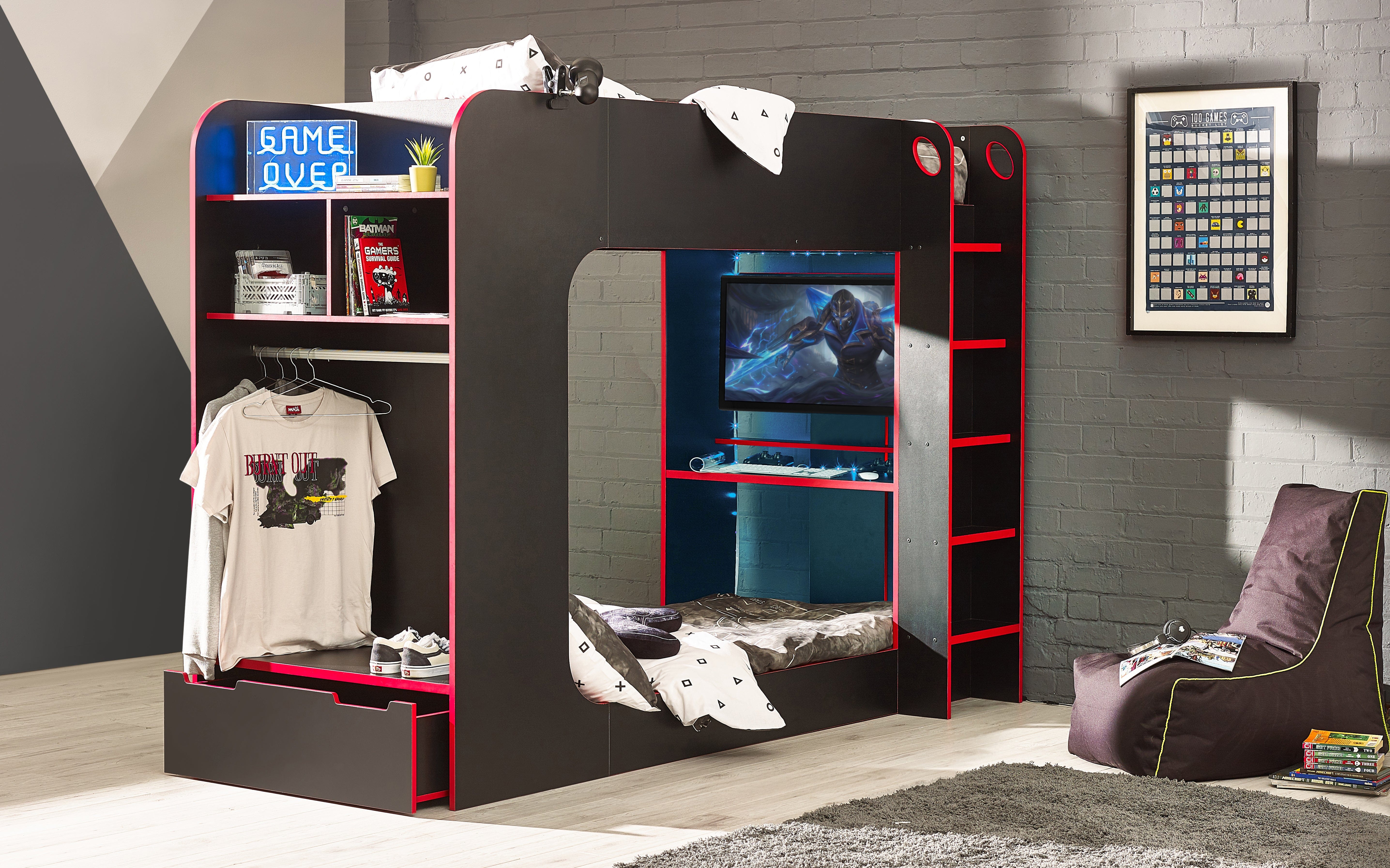 Julian Bowen Bunk Bed Single 90cm 3ft Impact Gaming Bunk Black/Red Bed Kings