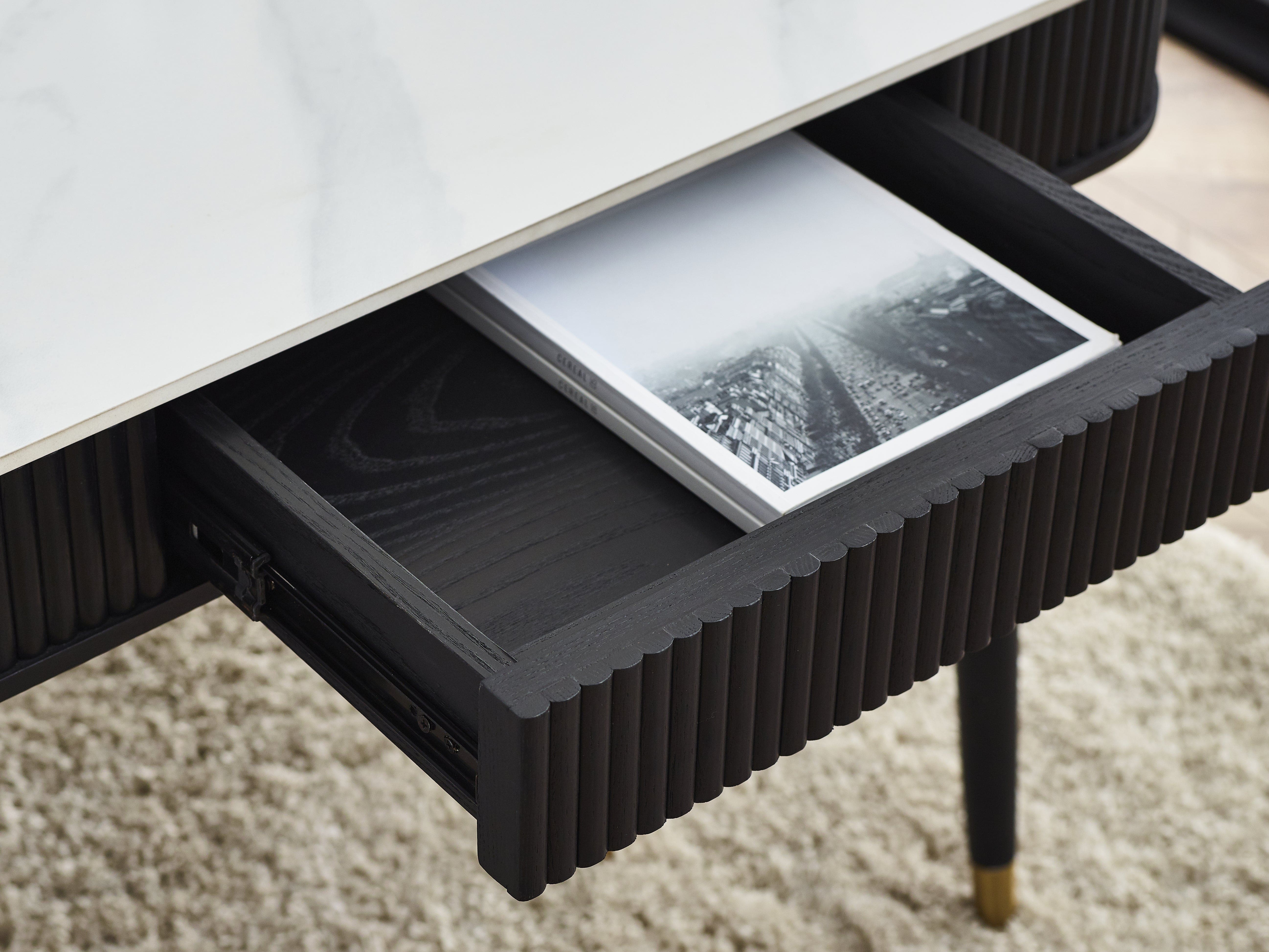 Julian Bowen Coffee Table Louis Fluted Stone Top Coffee Table With 2 Drawers - Black Bed Kings